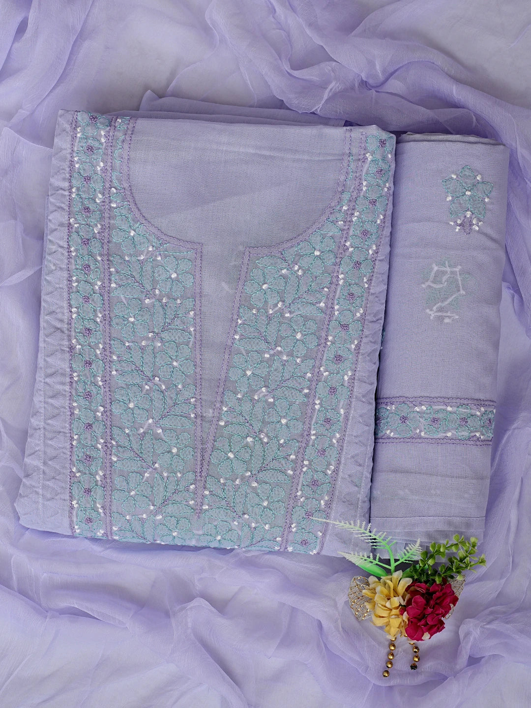 Ada Hand Embroidered Mauve Cotton Lucknowi Chikankari Unstitched Suit Piece with Chiffon Dupatta 01A879859