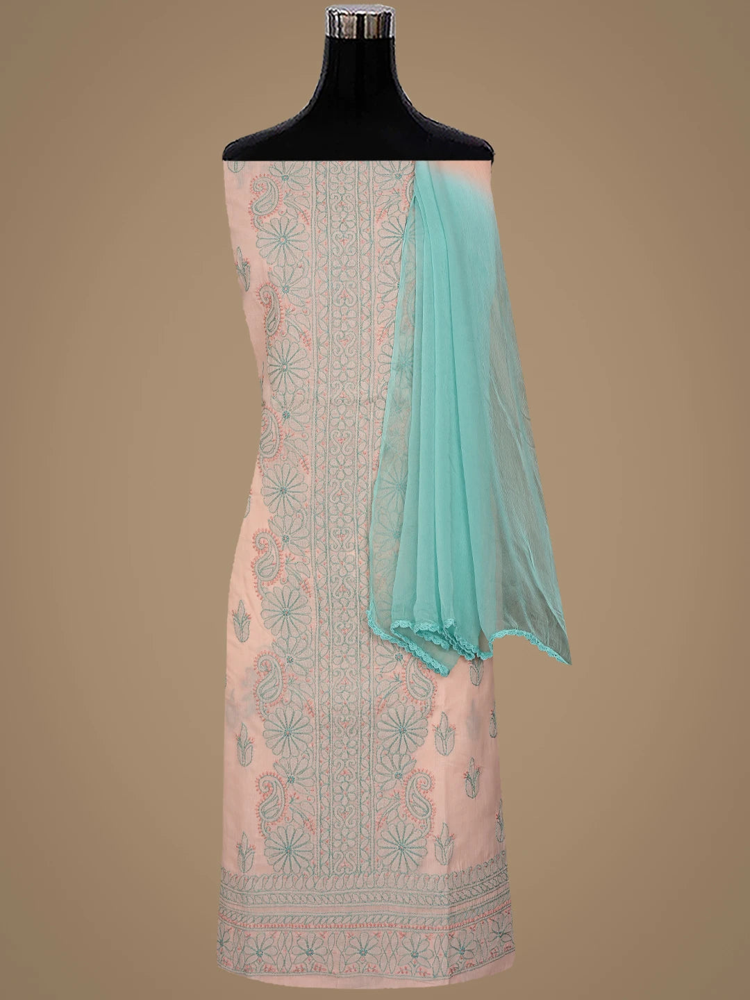 Ada Hand Embroidered Peach Parfait Cotton Lucknowi Chikankari Unstitched Suit Piece 01A879925