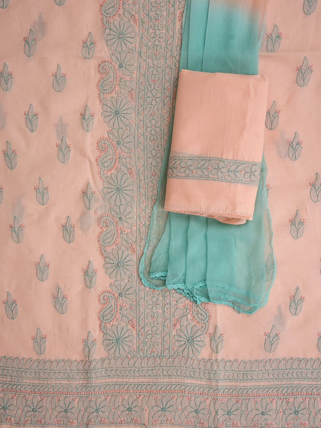 Ada Hand Embroidered Peach Parfait Cotton Lucknowi Chikankari Unstitched Suit Piece 01A879925