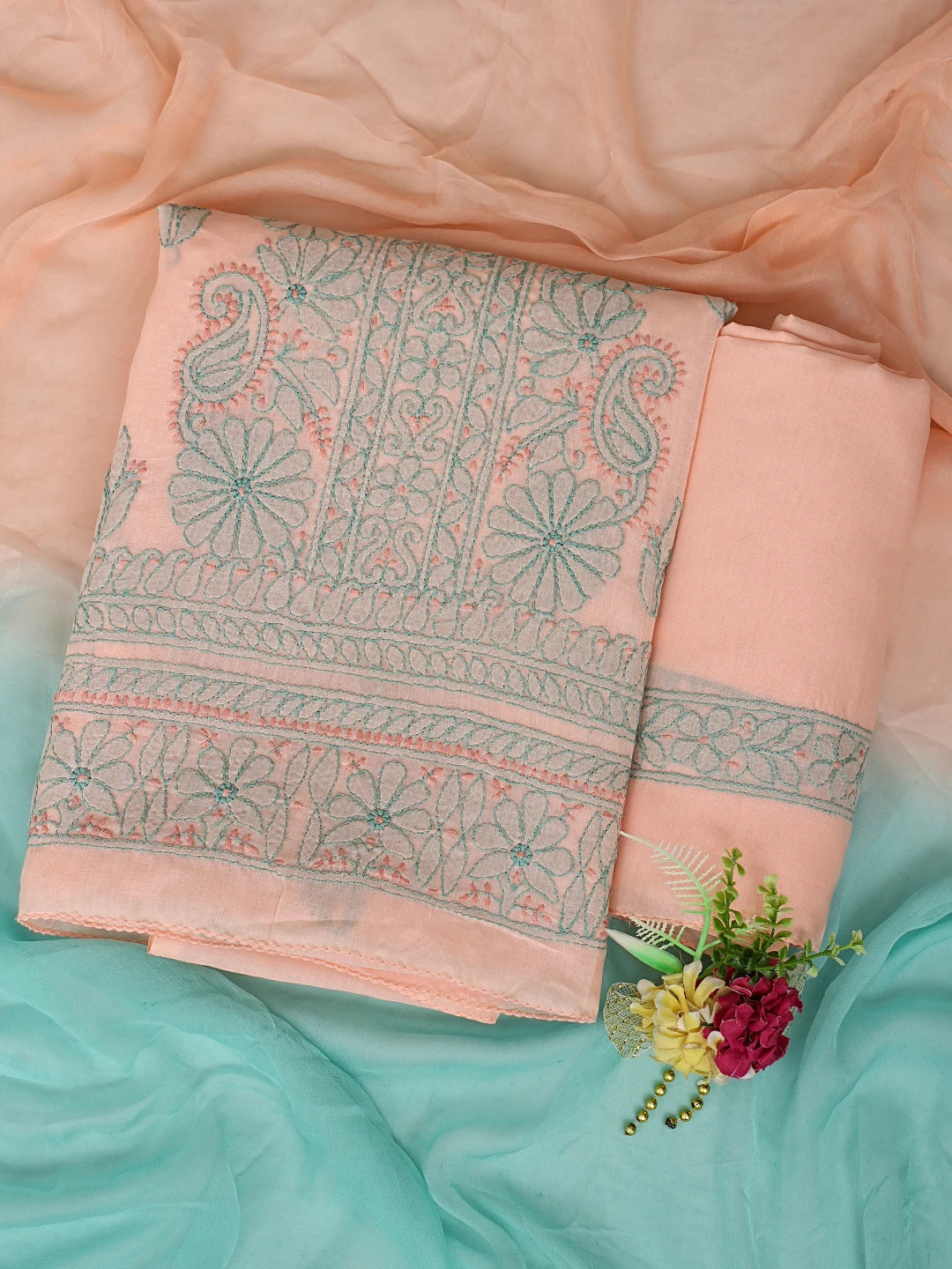 Ada Hand Embroidered Peach Parfait Cotton Lucknowi Chikankari Unstitched Suit Piece 01A879925