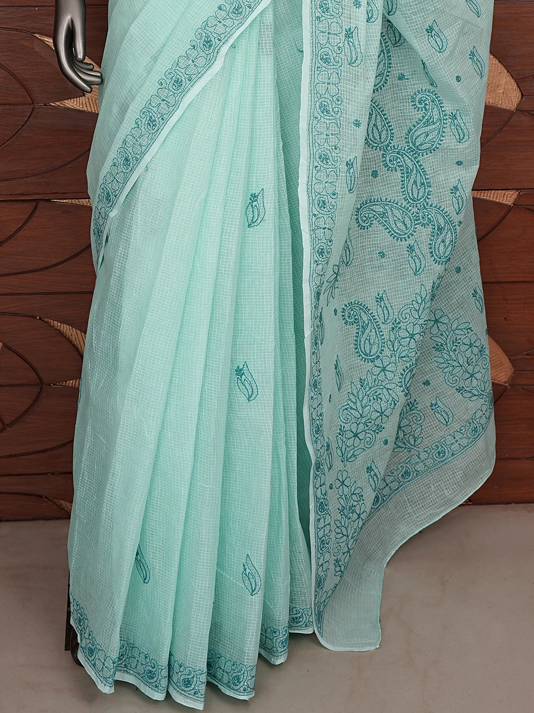 Ada Hand Embroidered Sea Green Kota Lucknowi Chikankari Saree and Blouse 01A873002