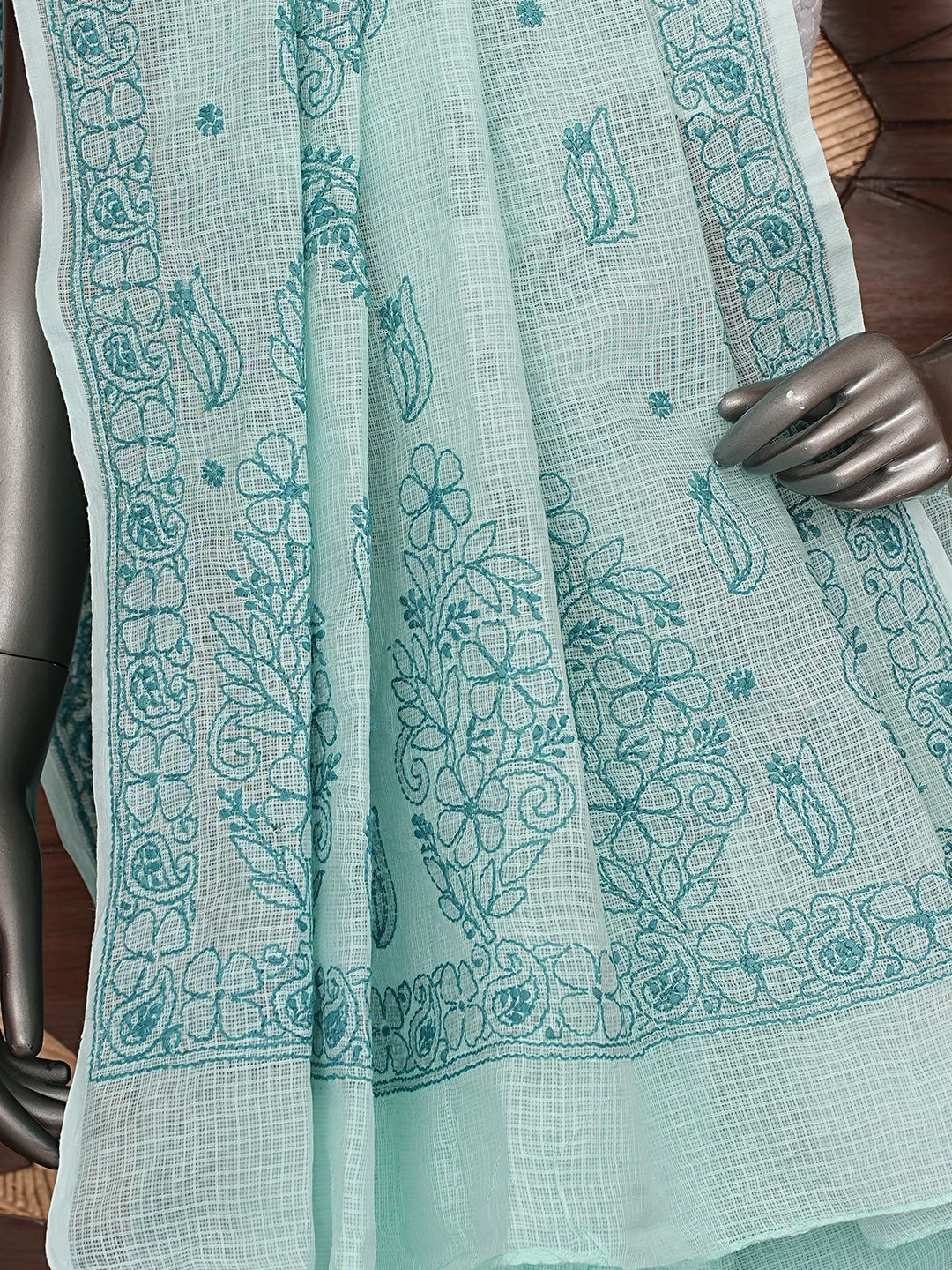 Ada Hand Embroidered Sea Green Kota Lucknowi Chikankari Saree and Blouse 01A873002