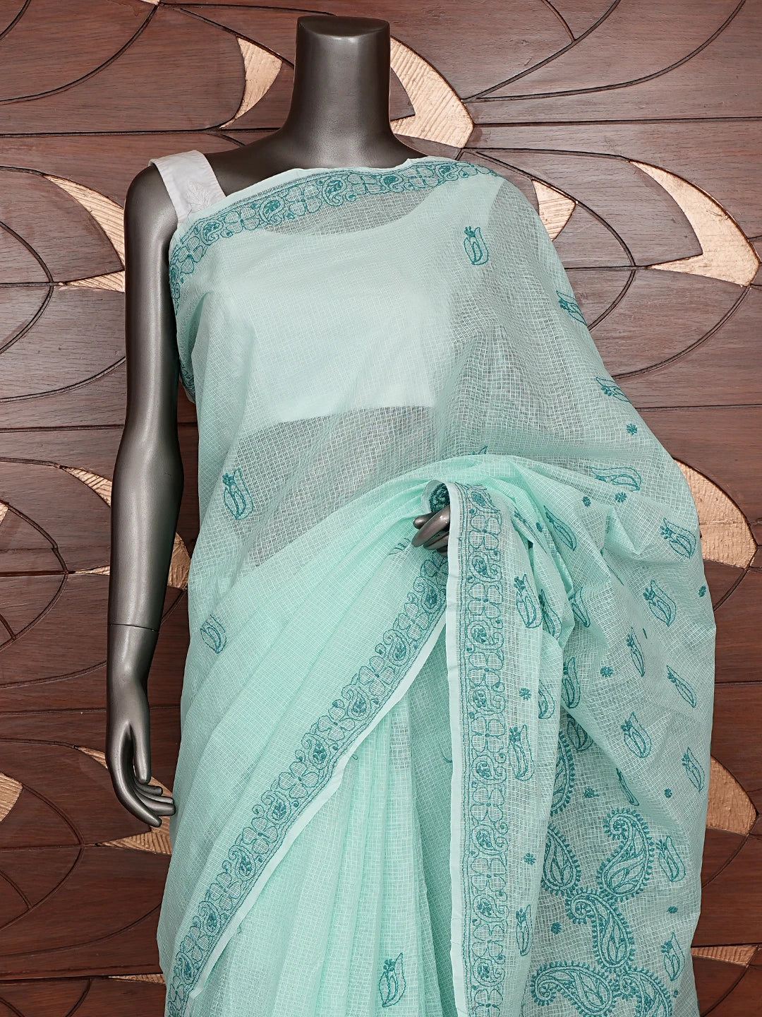 Ada Hand Embroidered Sea Green Kota Lucknowi Chikankari Saree and Blouse 01A873002