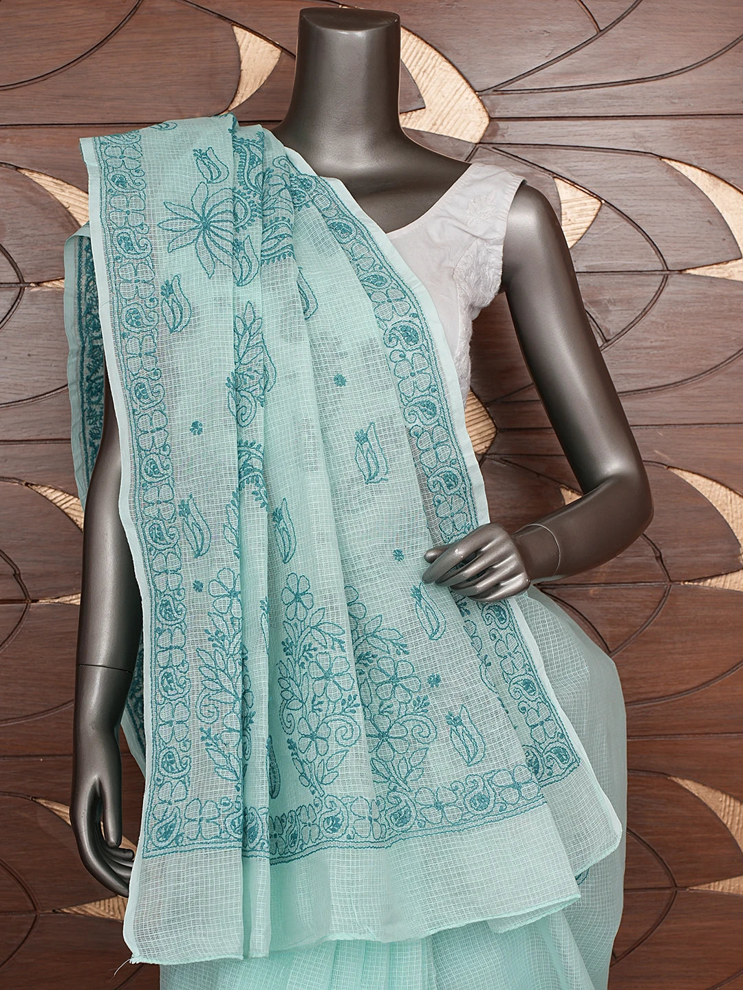 Ada Hand Embroidered Sea Green Kota Lucknowi Chikankari Saree and Blouse 01A873002