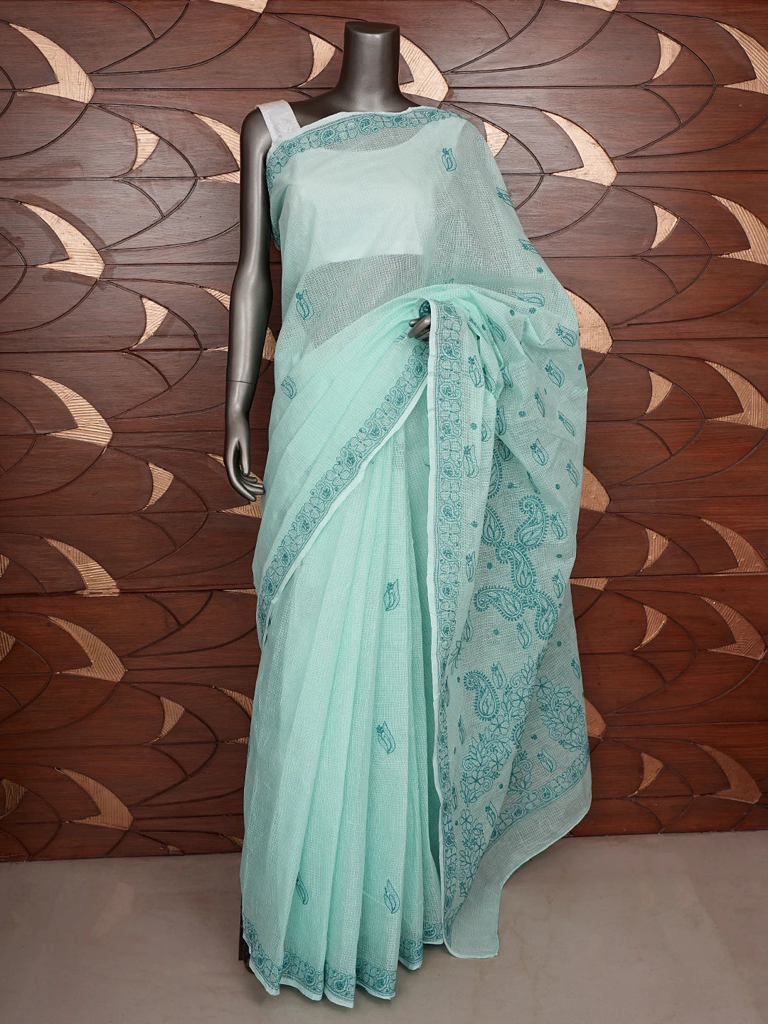 Ada Hand Embroidered Sea Green Kota Lucknowi Chikankari Saree and Blouse 01A873002