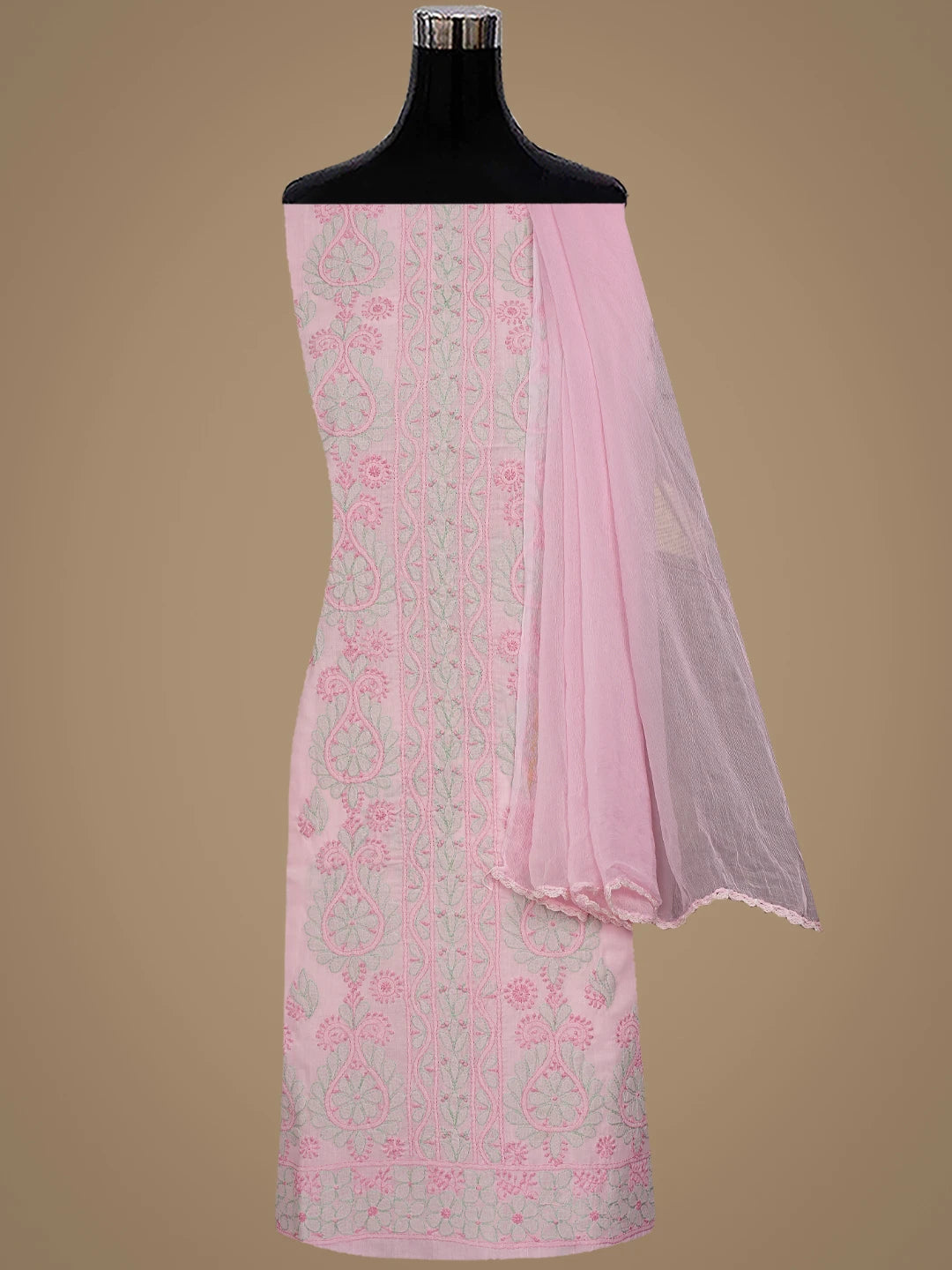 Ada Hand Embroidered Light Pink Cotton Lucknowi Chikankari Unstitched Suit Piece with Chiffon Dupatta 01A879939