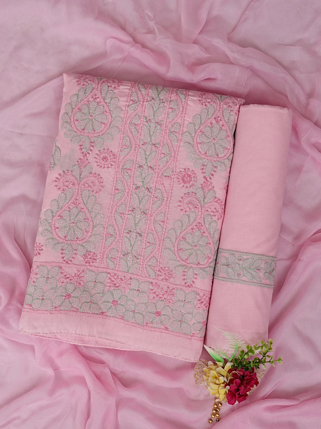 Ada Hand Embroidered Light Pink Cotton Lucknowi Chikankari Unstitched Suit Piece with Chiffon Dupatta 01A879939