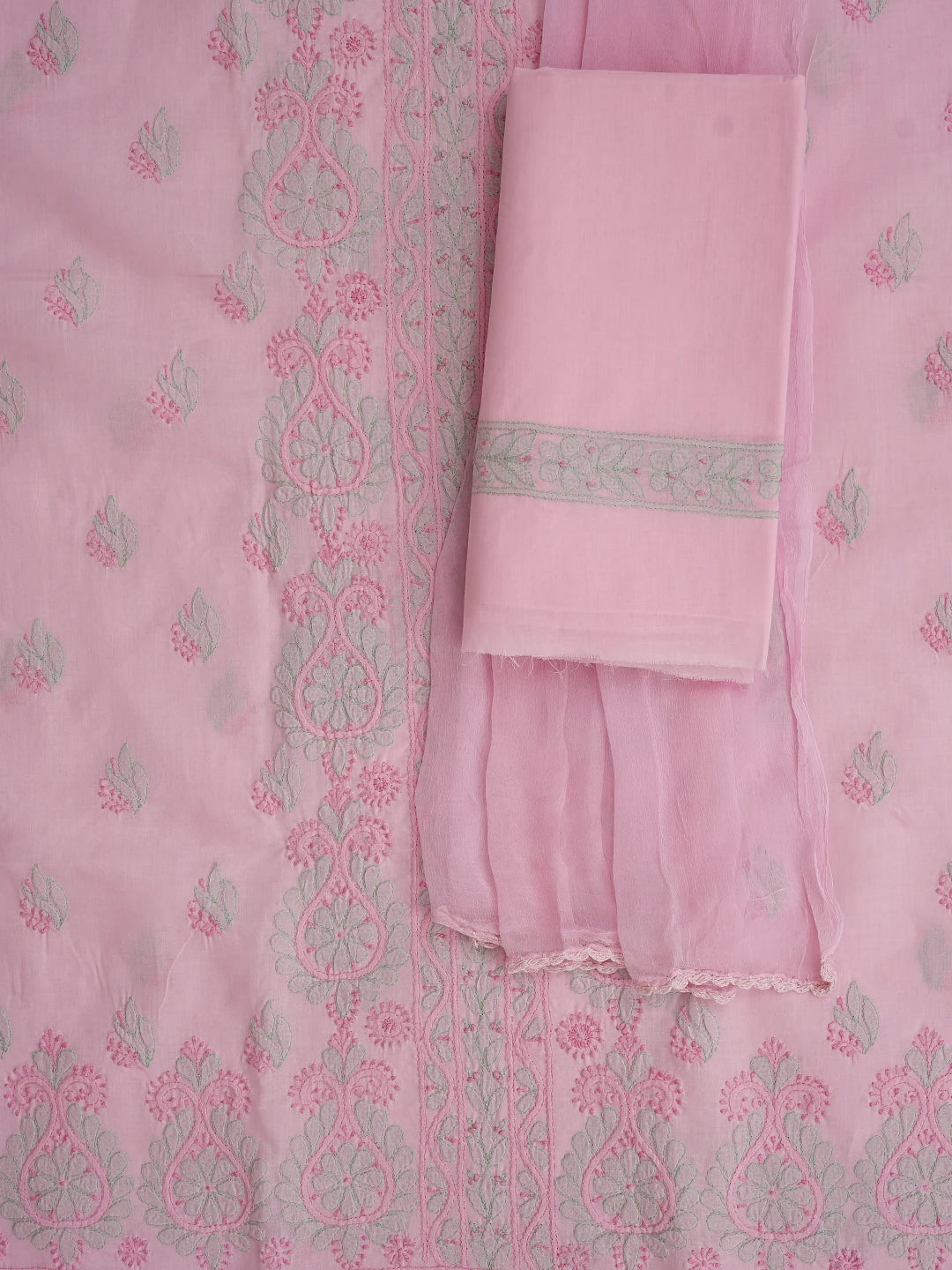 Ada Hand Embroidered Light Pink Cotton Lucknowi Chikankari Unstitched Suit Piece with Chiffon Dupatta 01A879939