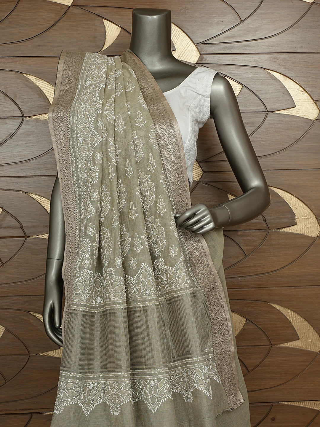 Ada Hand Embroidered Olive Green Chanderi Lucknowi Chikankari Saree and Blouse 01A879435