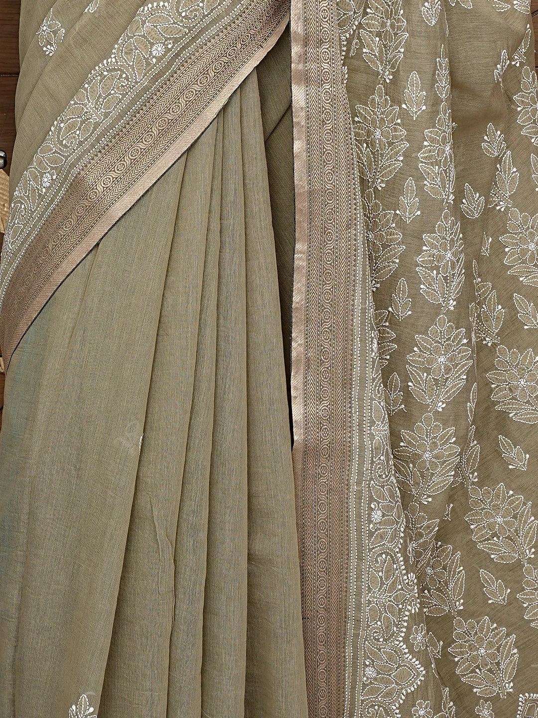 Ada Hand Embroidered Olive Green Chanderi Lucknowi Chikankari Saree and Blouse 01A879435