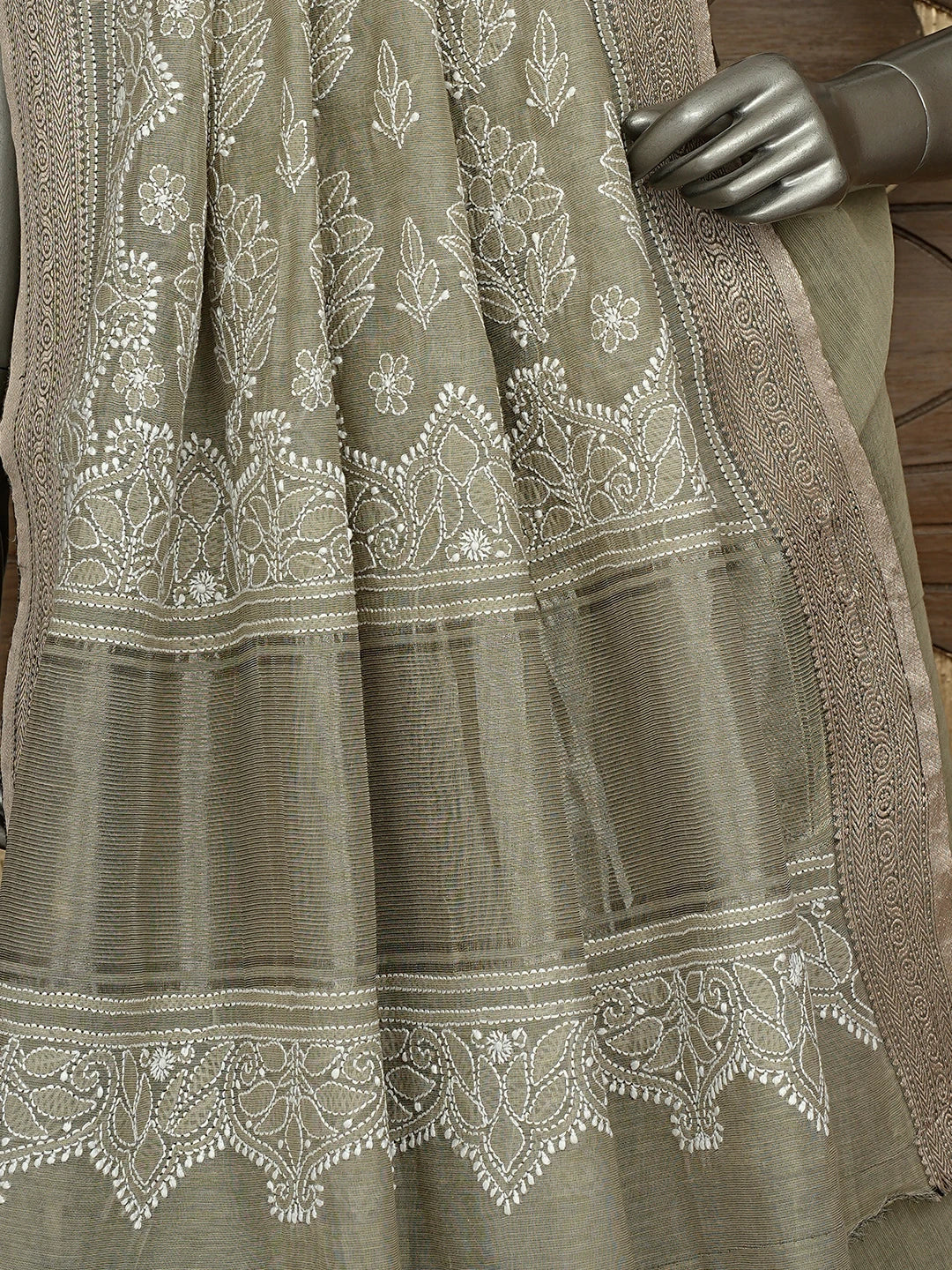 Ada Hand Embroidered Olive Green Chanderi Lucknowi Chikankari Saree and Blouse 01A879435