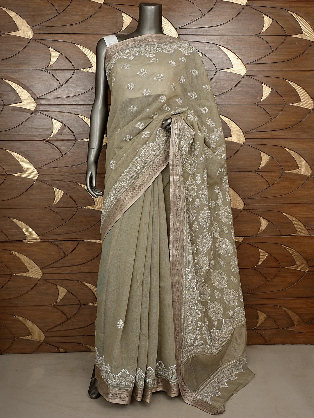 Ada Hand Embroidered Olive Green Chanderi Lucknowi Chikankari Saree and Blouse 01A879435