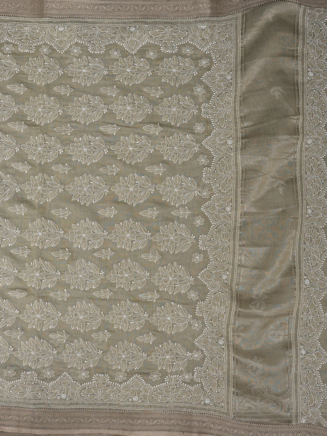 Ada Hand Embroidered Olive Green Chanderi Lucknowi Chikankari Saree and Blouse 01A879435