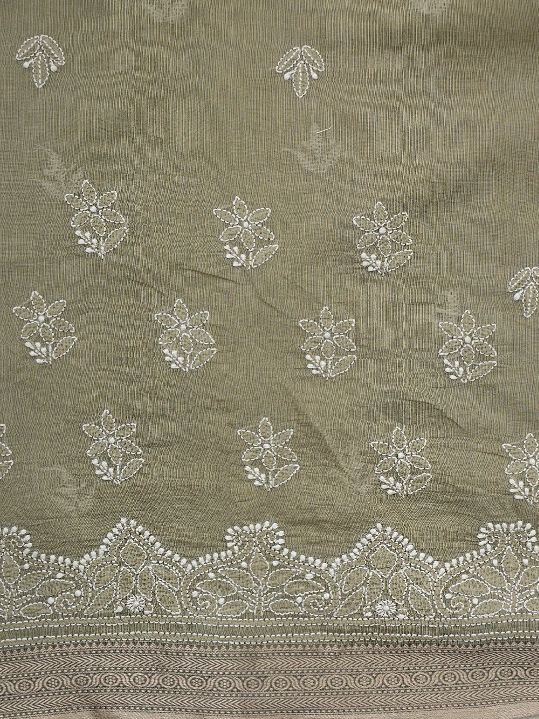 Ada Hand Embroidered Olive Green Chanderi Lucknowi Chikankari Saree and Blouse 01A879435