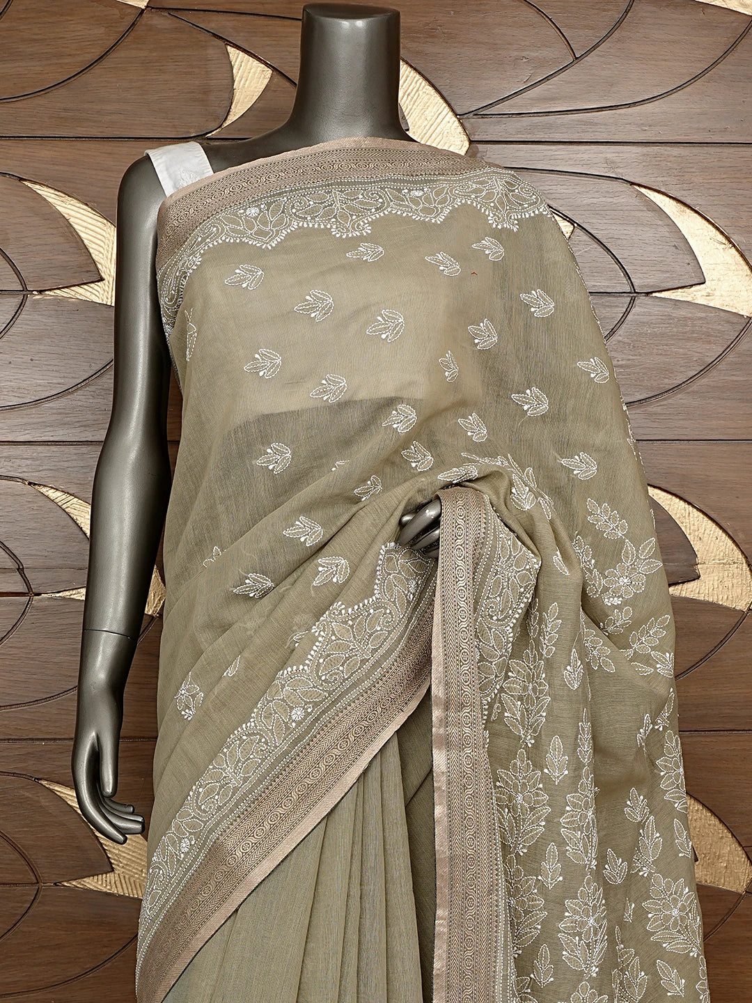Ada Hand Embroidered Olive Green Chanderi Lucknowi Chikankari Saree and Blouse 01A879435
