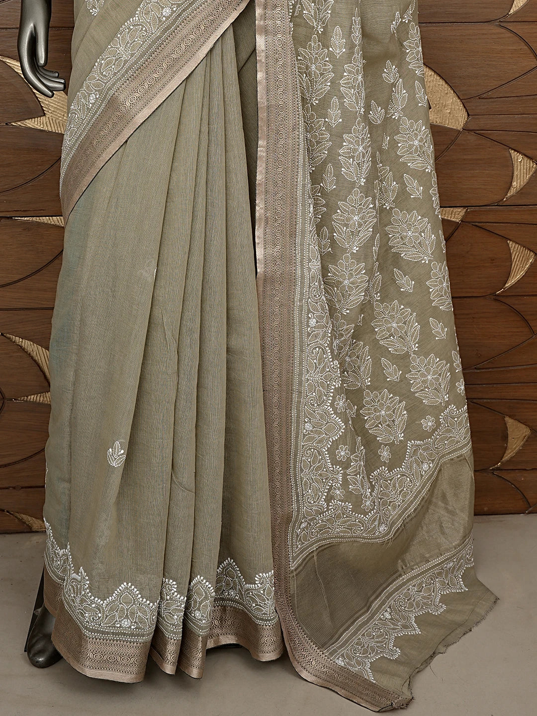 Ada Hand Embroidered Olive Green Chanderi Lucknowi Chikankari Saree and Blouse 01A879435