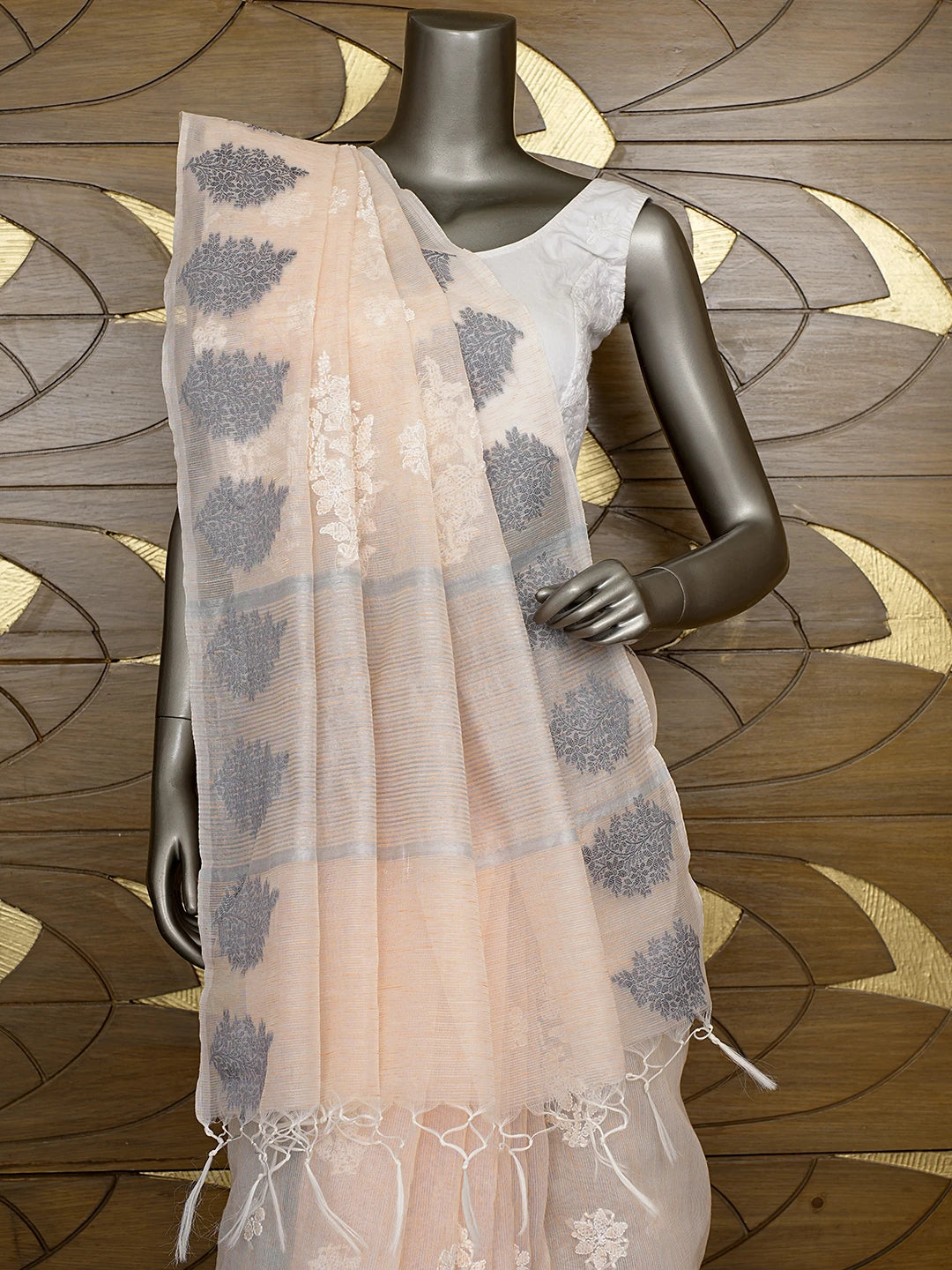Ada Hand Embroidered Peach Sherbet Chanderi Lucknowi Chikankari Saree With Blouse 01A876351