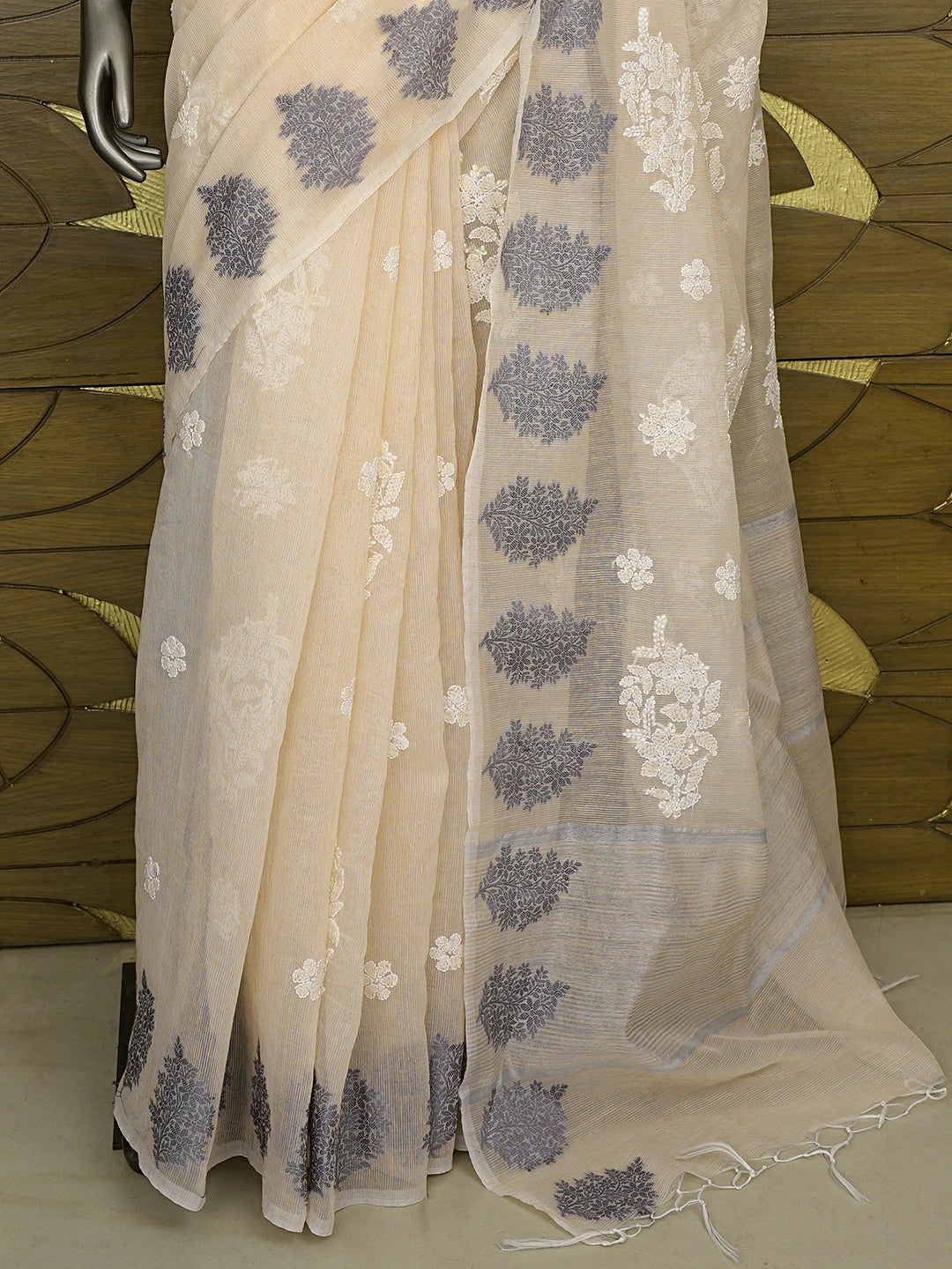 Ada Hand Embroidered Peach Sherbet Chanderi Lucknowi Chikankari Saree With Blouse 01A876351