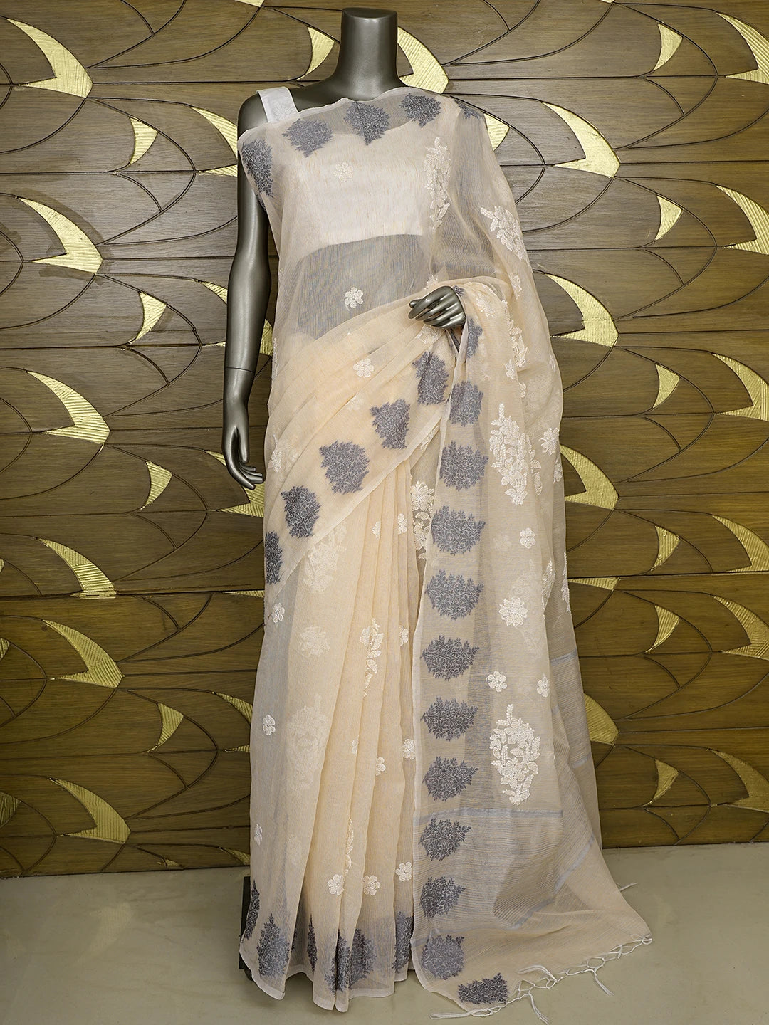 Ada Hand Embroidered Peach Sherbet Chanderi Lucknowi Chikankari Saree With Blouse 01A876351