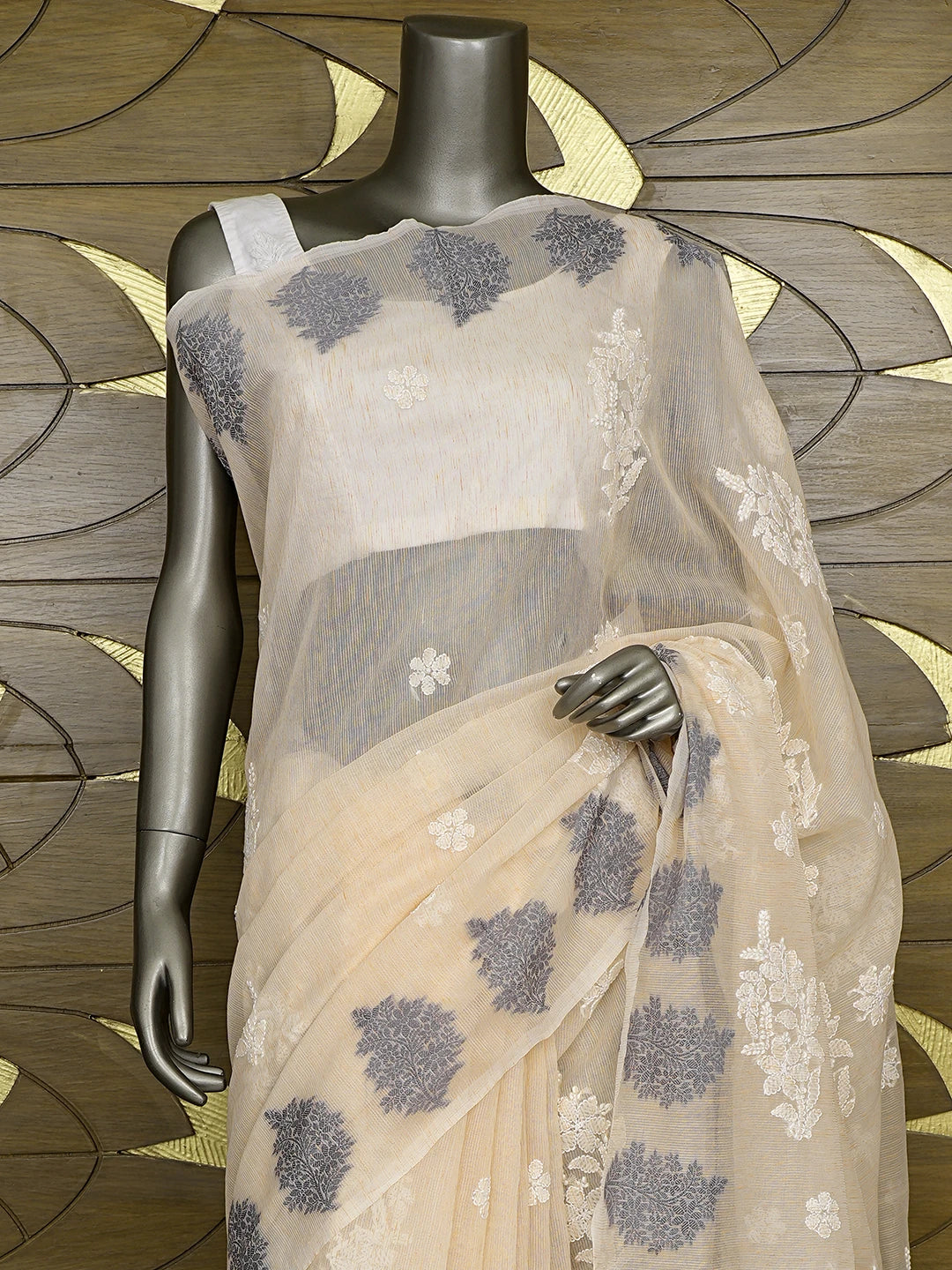Ada Hand Embroidered Peach Sherbet Chanderi Lucknowi Chikankari Saree With Blouse 01A876351