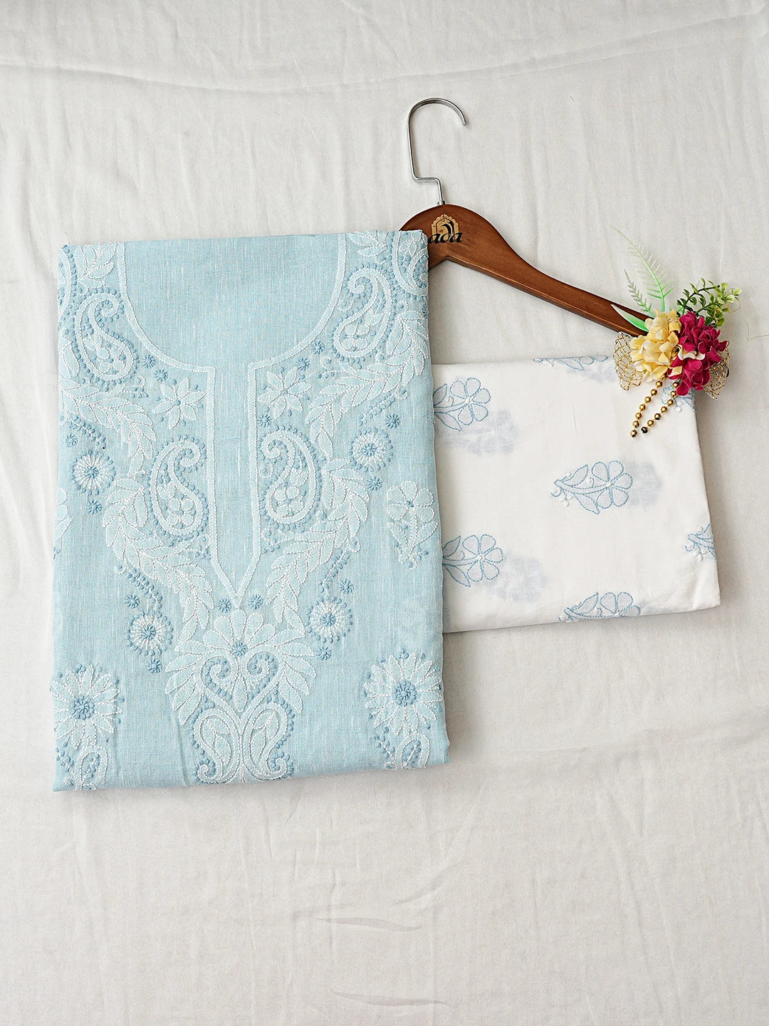 Ada Hand Embroidered Sky Blue Linen Lucknowi Chikankari Unstitched Suit Piece with Chiffon Dupatta 01A885284