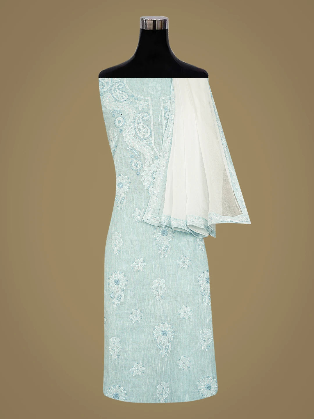 Ada Hand Embroidered Sky Blue Linen Lucknowi Chikankari Unstitched Suit Piece with Chiffon Dupatta 01A885284