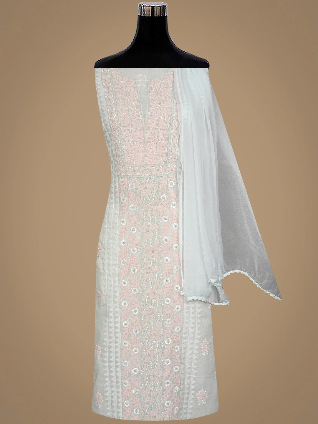 Ada Hand Embroidered Light Sea Green Cotton Lucknowi Chikankari Unstitched Suit Piece with Chiffon Dupatta 01A879863