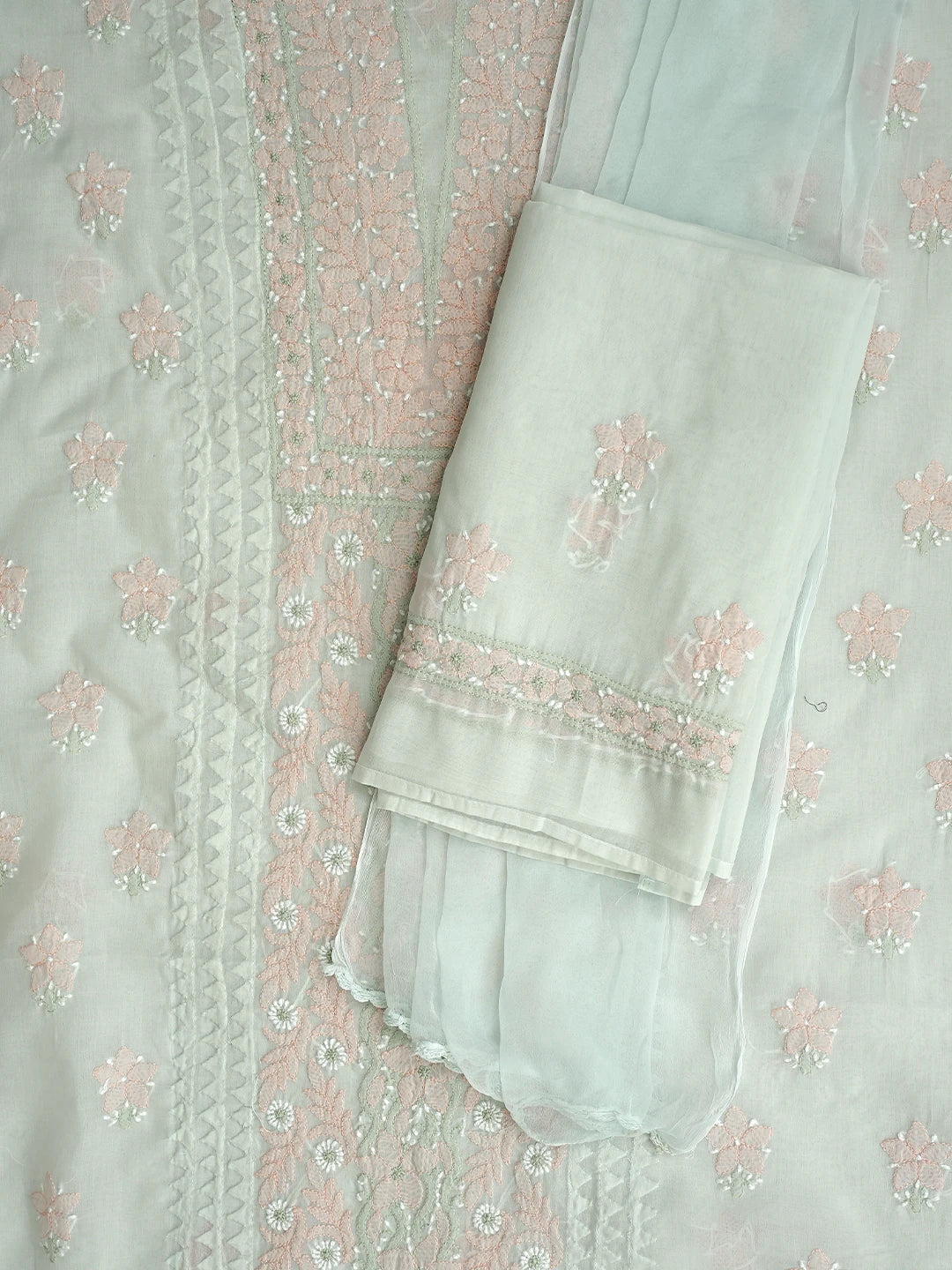 Ada Hand Embroidered Light Sea Green Cotton Lucknowi Chikankari Unstitched Suit Piece with Chiffon Dupatta 01A879863