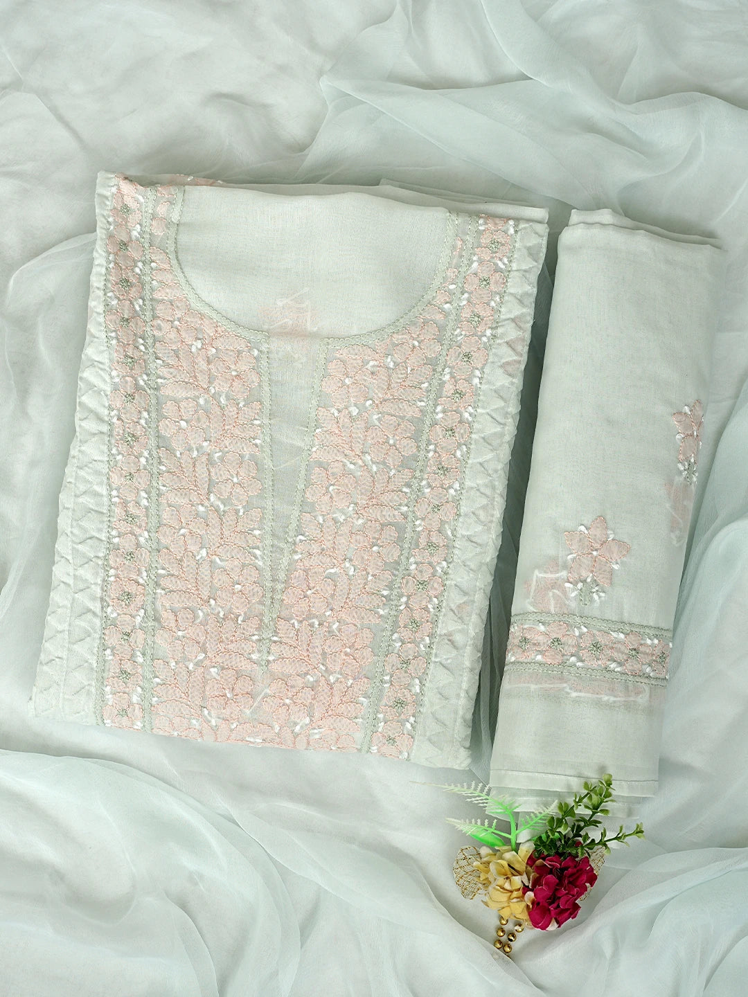 Ada Hand Embroidered Light Sea Green Cotton Lucknowi Chikankari Unstitched Suit Piece with Chiffon Dupatta 01A879863