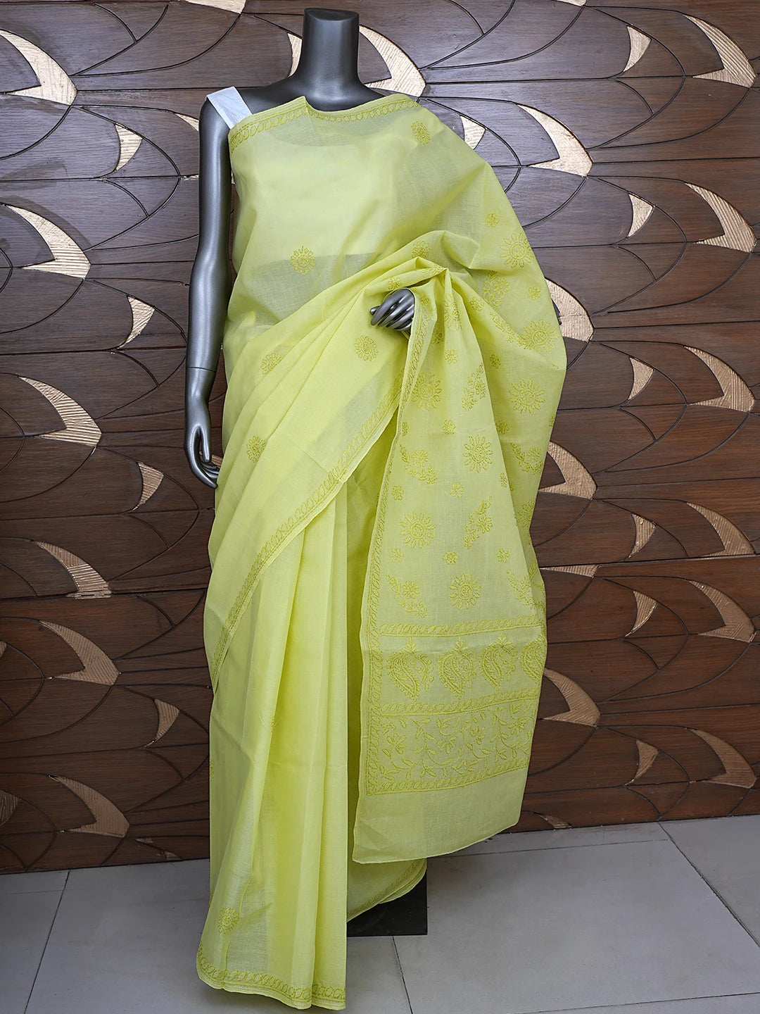 Ada Hand Embroidered Green Cotton Lucknowi Chikankari Saree and Blouse 01A872871