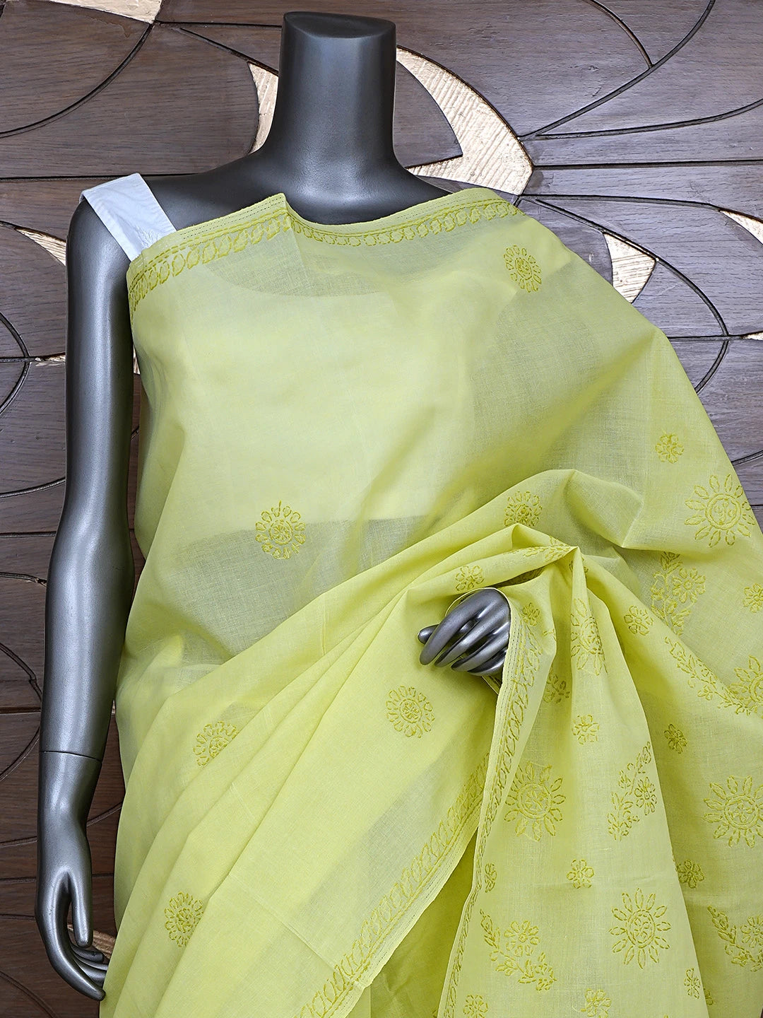 Ada Hand Embroidered Green Cotton Lucknowi Chikankari Saree and Blouse 01A872871