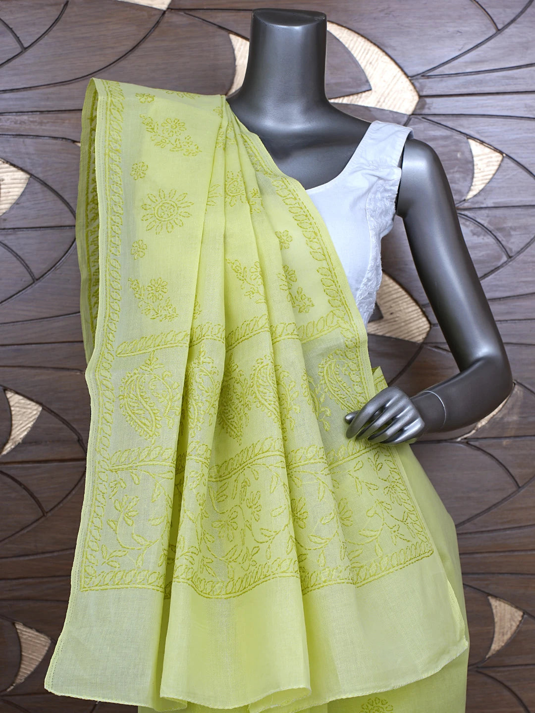 Ada Hand Embroidered Green Cotton Lucknowi Chikankari Saree and Blouse 01A872871