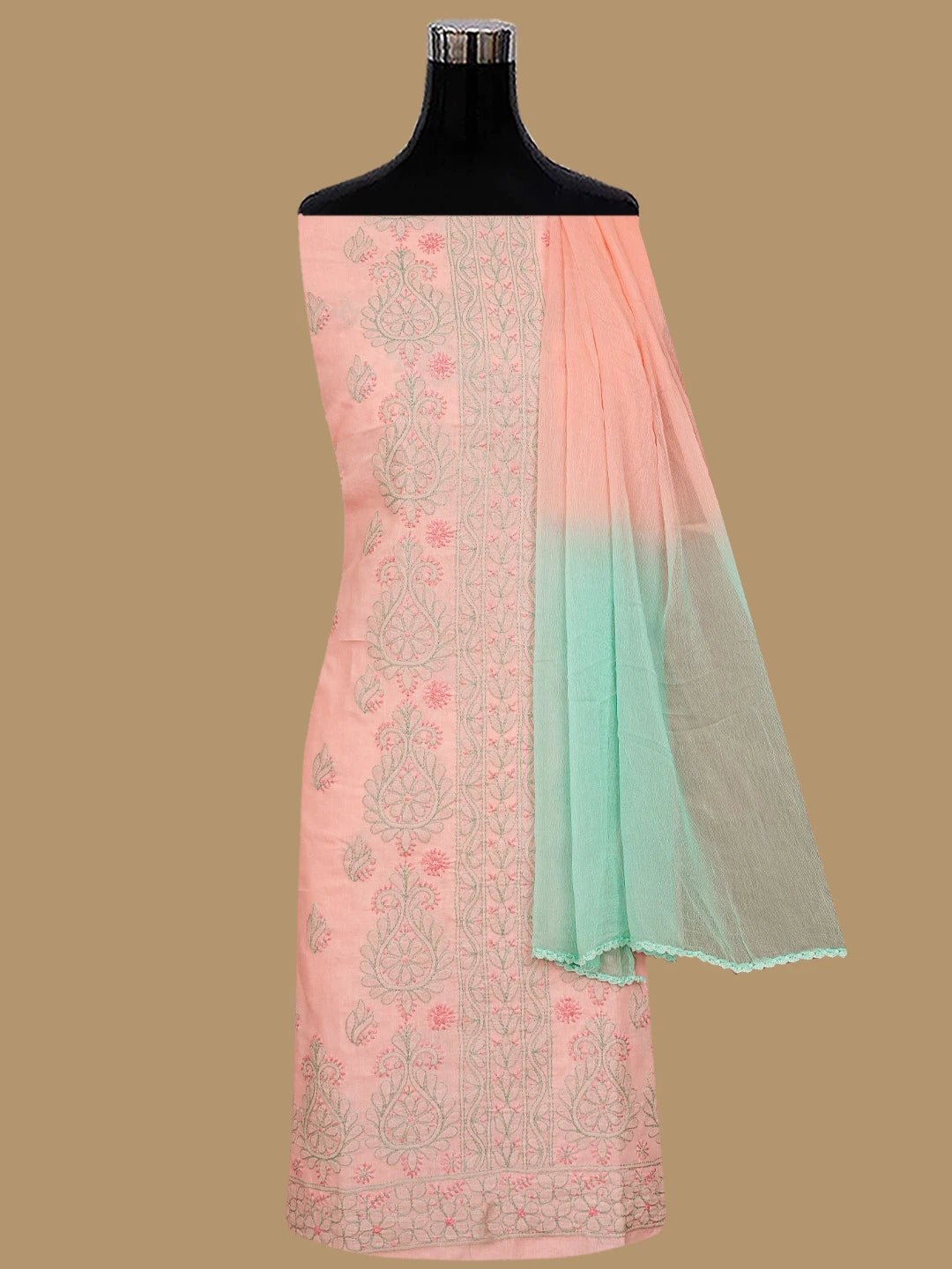 Ada Hand Embroidered Peach Parfait Cotton Lucknowi Chikankari Unstitched Suit Piece  with Chiffon Dupatta 01A879927