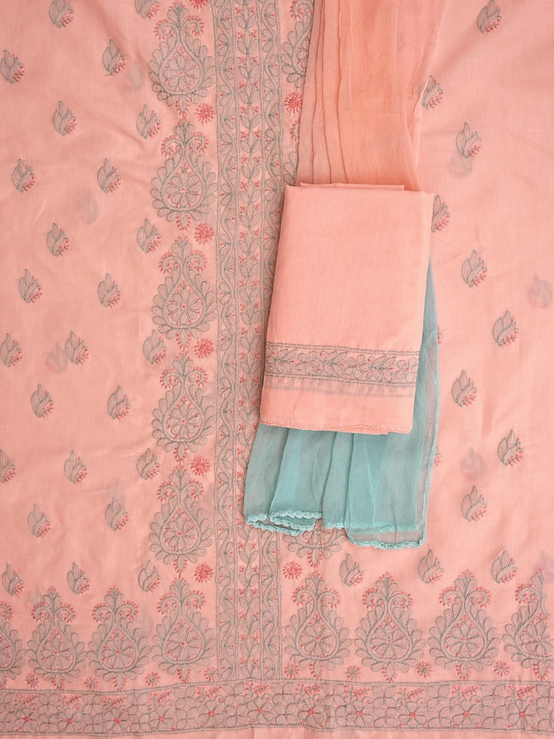 Ada Hand Embroidered Peach Parfait Cotton Lucknowi Chikankari Unstitched Suit Piece  with Chiffon Dupatta 01A879927