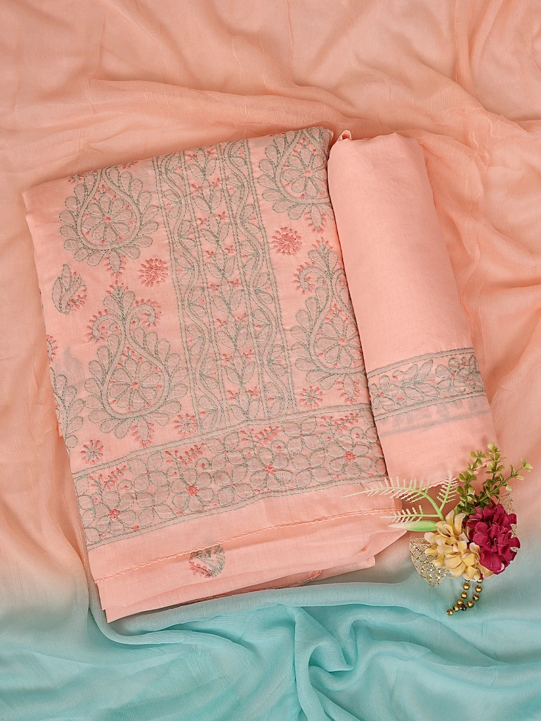 Ada Hand Embroidered Peach Parfait Cotton Lucknowi Chikankari Unstitched Suit Piece  with Chiffon Dupatta 01A879927