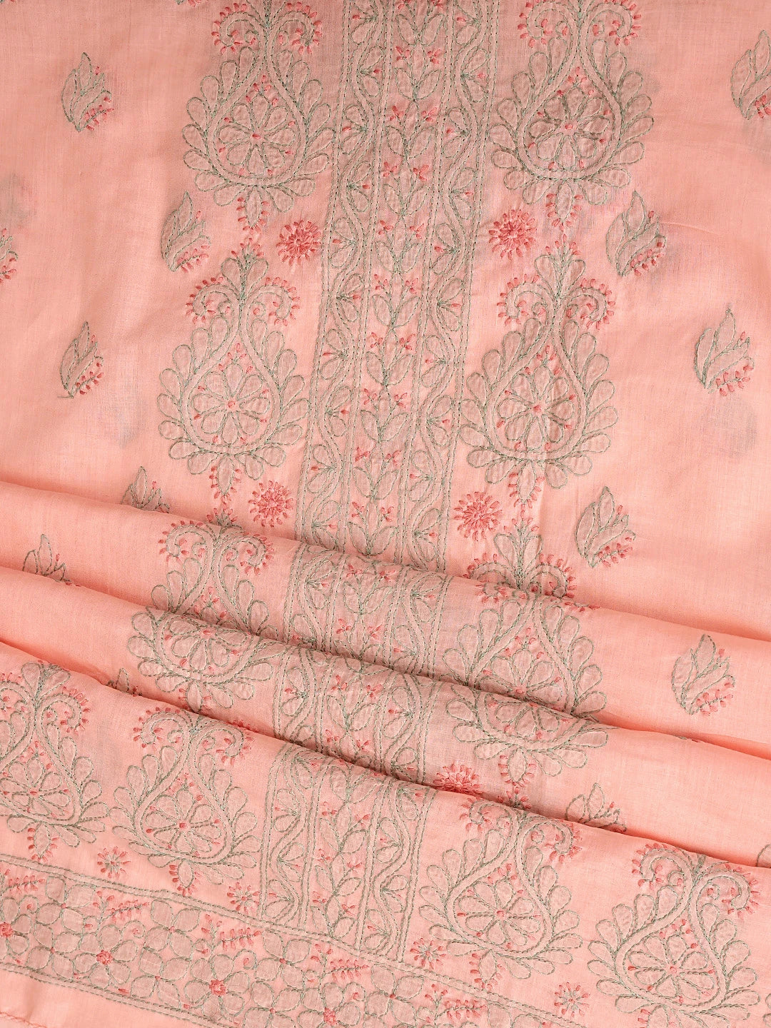 Ada Hand Embroidered Peach Parfait Cotton Lucknowi Chikankari Unstitched Suit Piece  with Chiffon Dupatta 01A879927