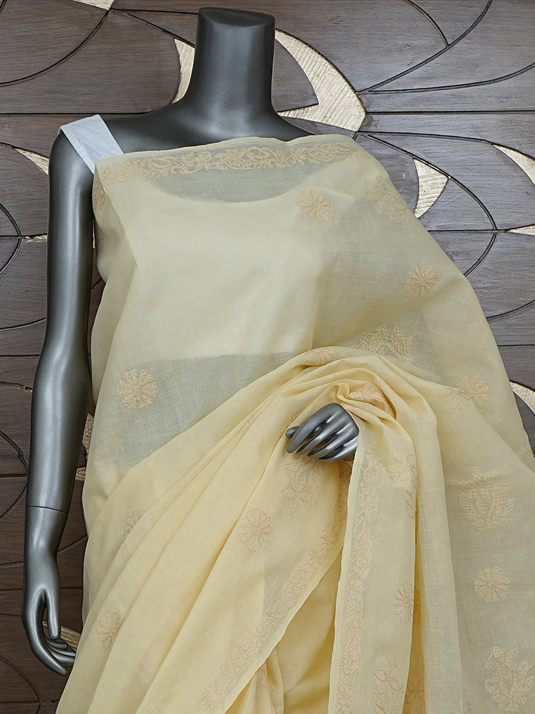 Ada Hand Embroidered Biscuit Yellow Cotton Lucknowi Chikankari Saree and Blouse 01A872867