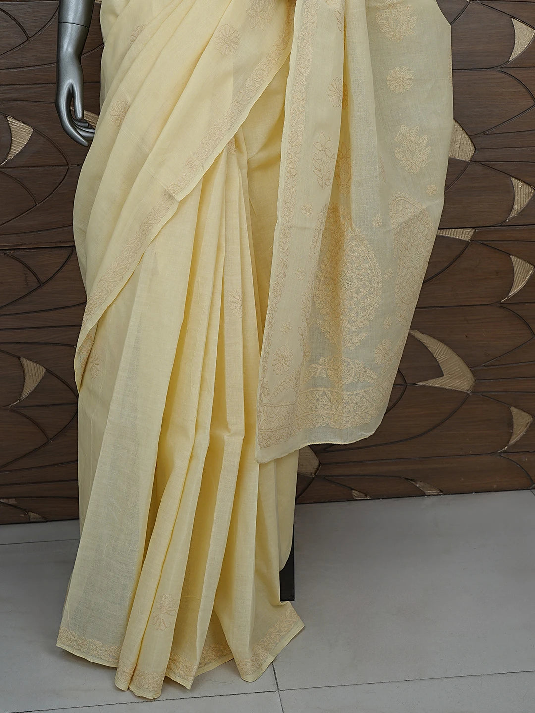 Ada Hand Embroidered Biscuit Yellow Cotton Lucknowi Chikankari Saree and Blouse 01A872867