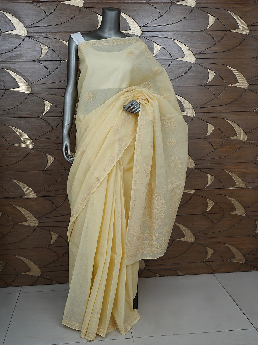 Ada Hand Embroidered Biscuit Yellow Cotton Lucknowi Chikankari Saree and Blouse 01A872867