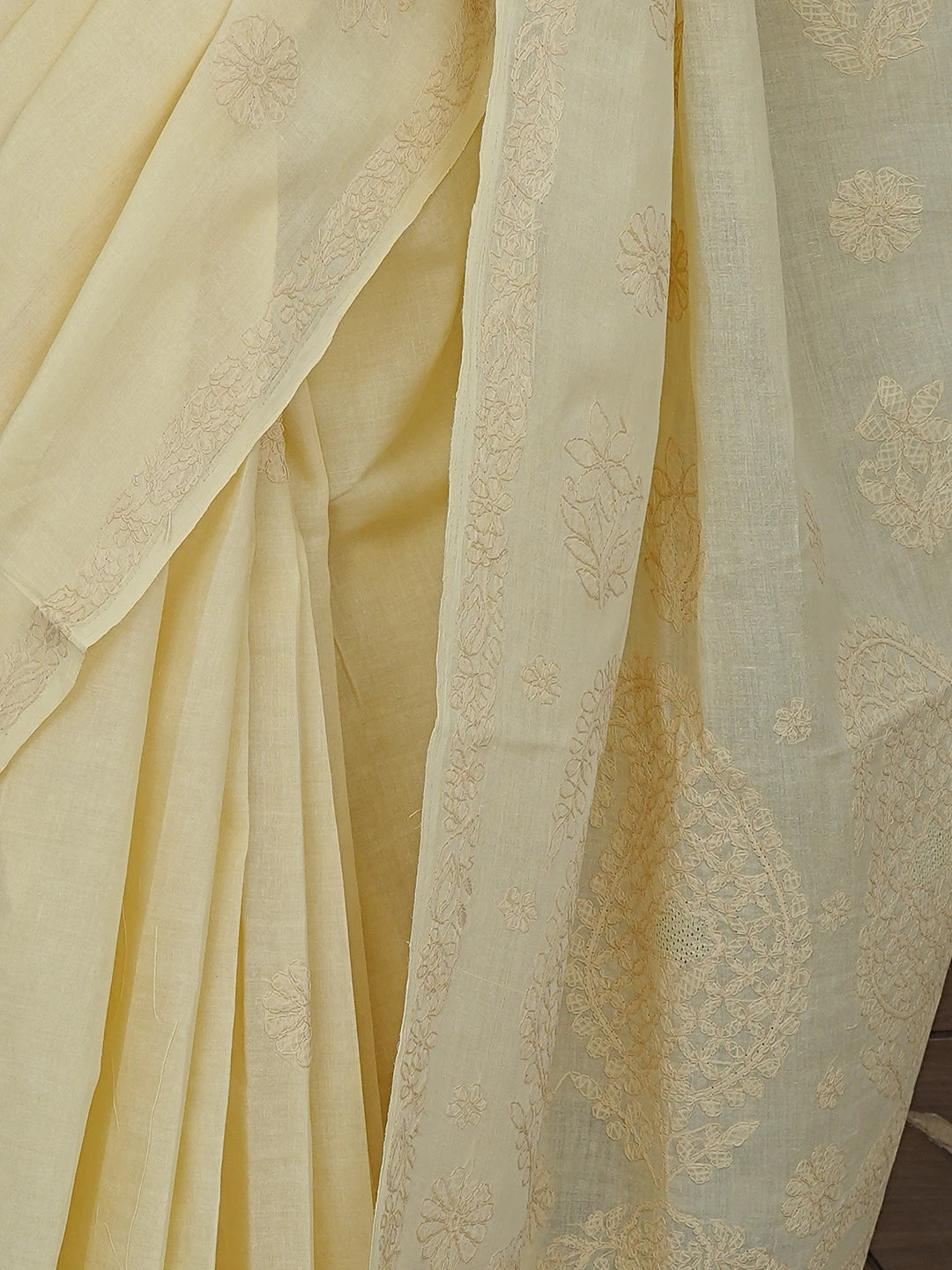 Ada Hand Embroidered Biscuit Yellow Cotton Lucknowi Chikankari Saree and Blouse 01A872867