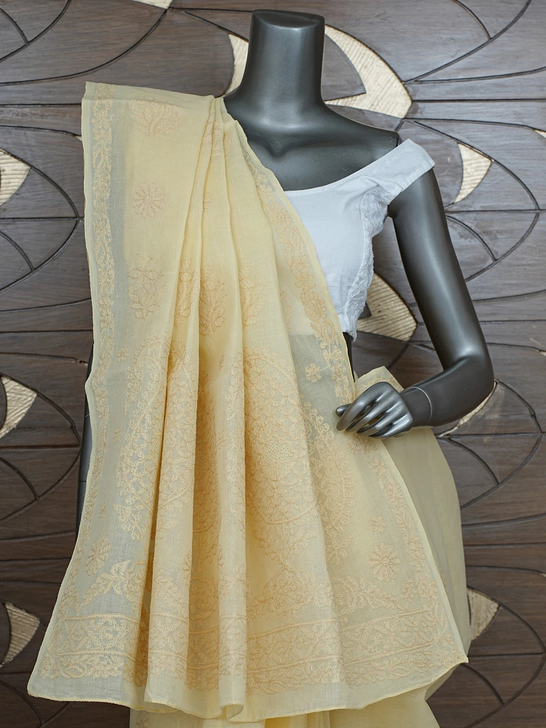 Ada Hand Embroidered Biscuit Yellow Cotton Lucknowi Chikankari Saree and Blouse 01A872867