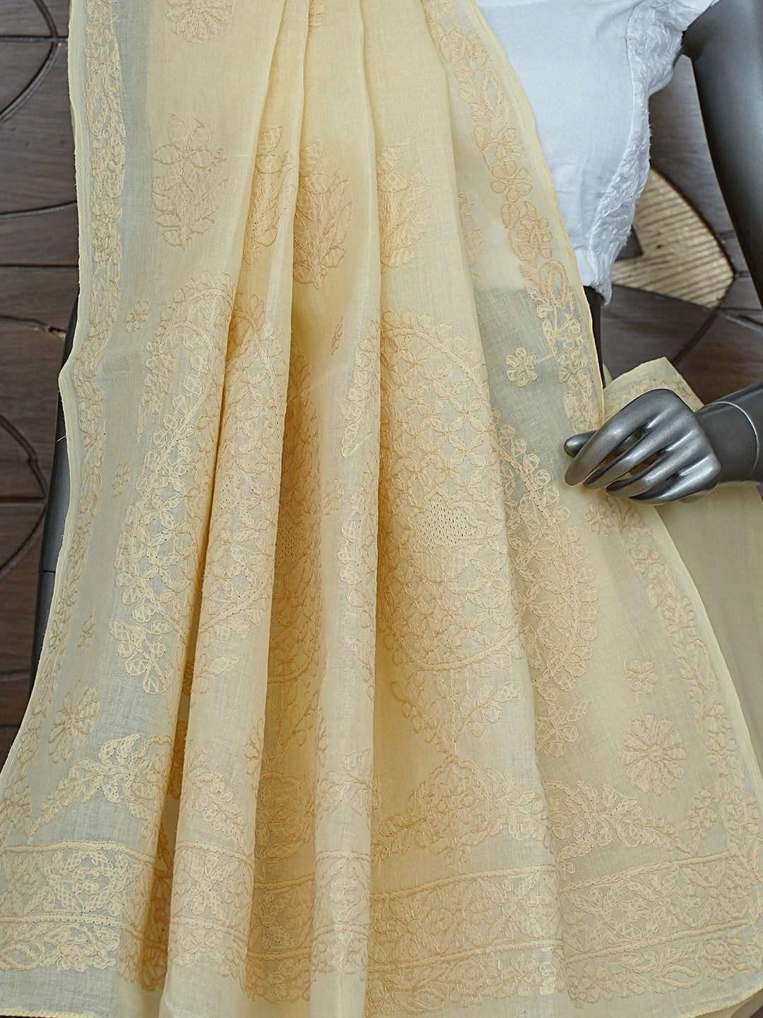 Ada Hand Embroidered Biscuit Yellow Cotton Lucknowi Chikankari Saree and Blouse 01A872867