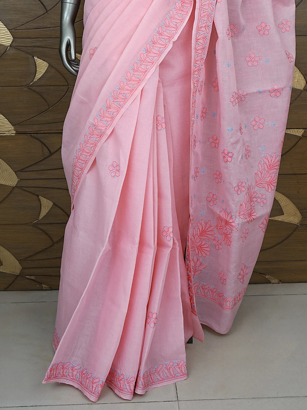 Ada Hand Embroidered Baker -Miller Pink  Cotton Lucknowi Chikankari Saree and Blouse 01A872887