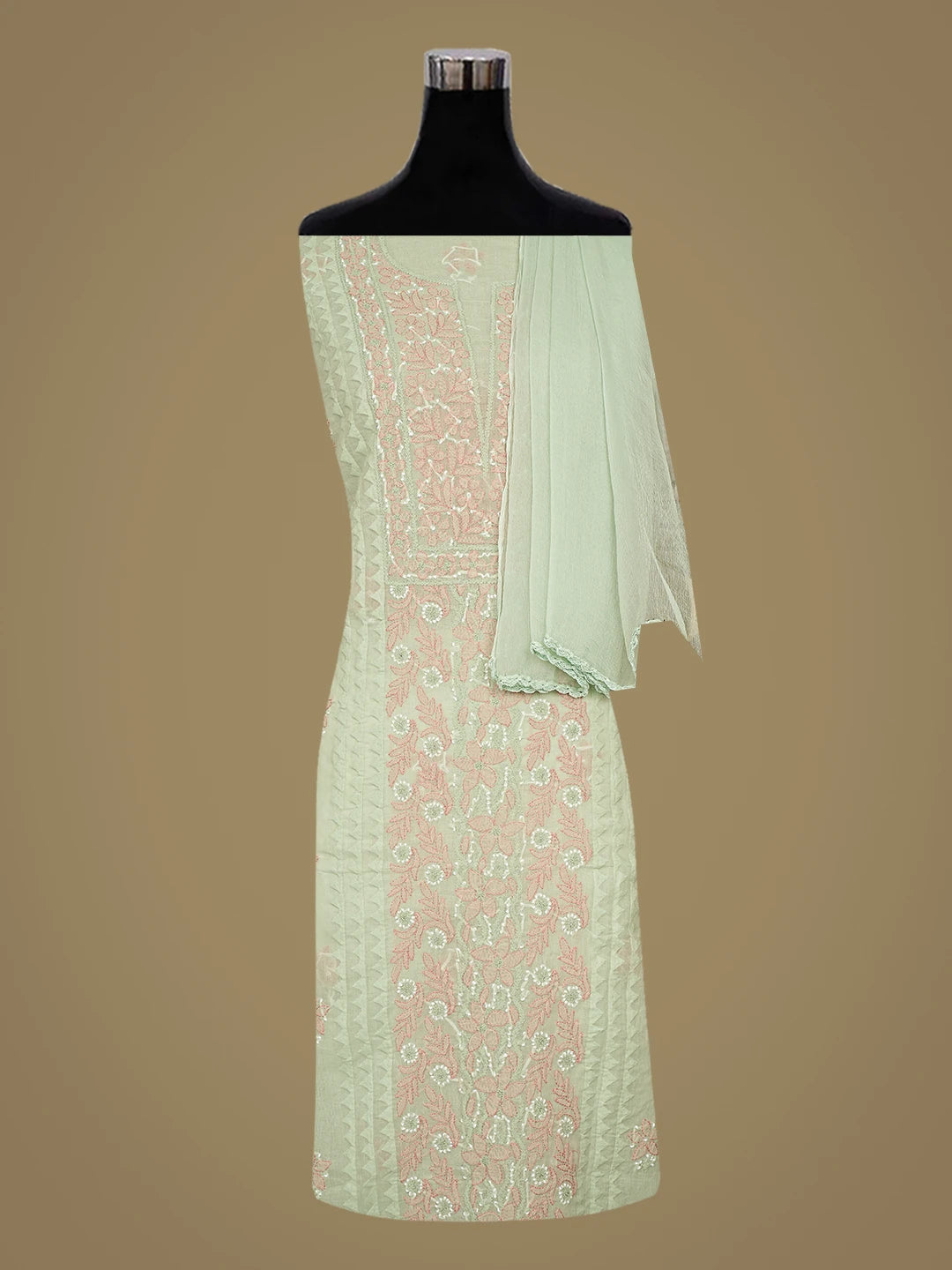 Ada Hand Embroidered Sea Green Cotton Lucknowi Chikankari Unstitched Suit Piece  with Chiffon Dupatta 01A879846