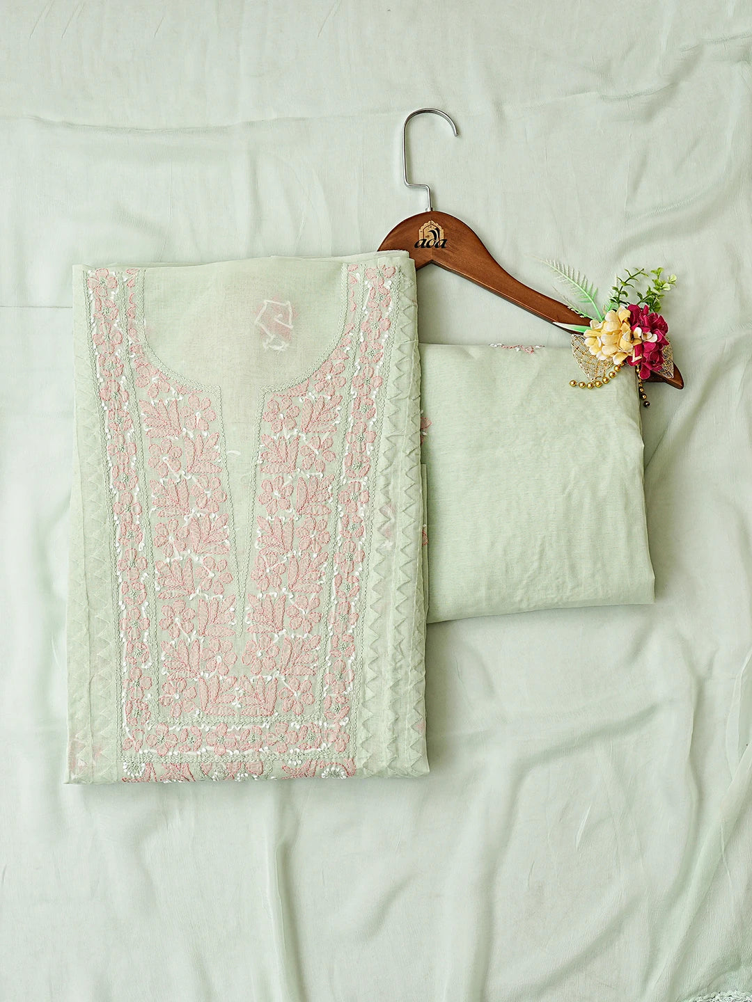 Ada Hand Embroidered Sea Green Cotton Lucknowi Chikankari Unstitched Suit Piece  with Chiffon Dupatta 01A879846