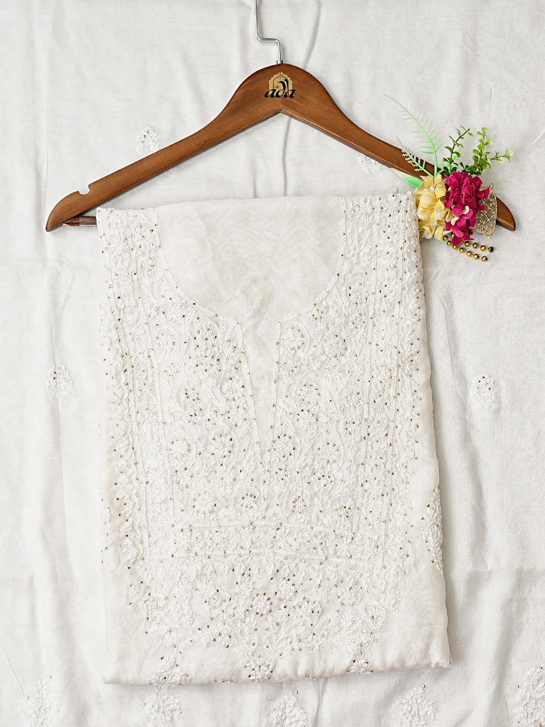 Ada Hand Embroidered White Cotton Lucknowi Chikankari Unstitched Kurta Dupatta Set With Mukaish Work 01A726711