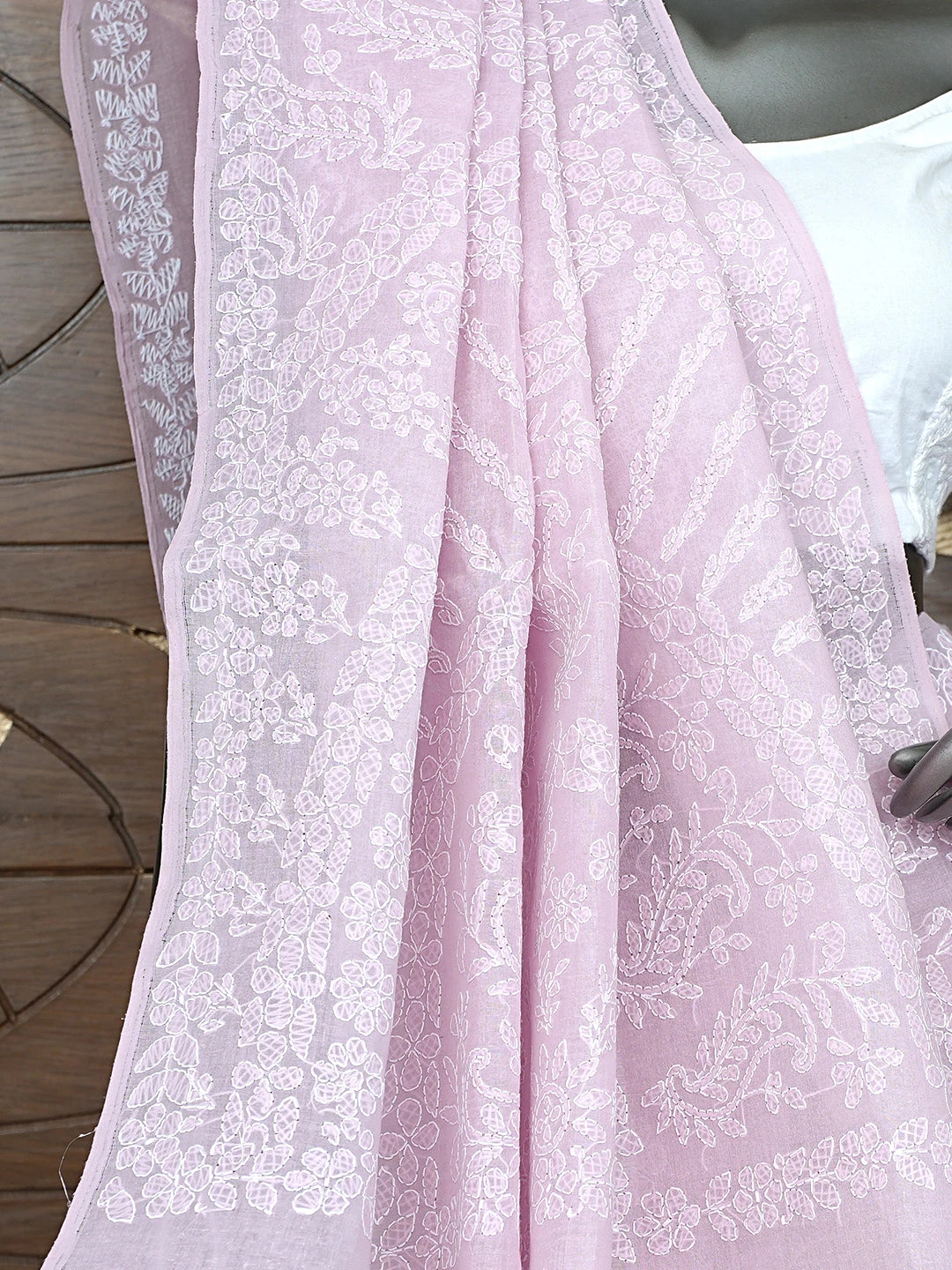 Ada Hand Embroidered Dusty Pink Cotton Lucknowi Chikankari Saree and Blouse 01A872864