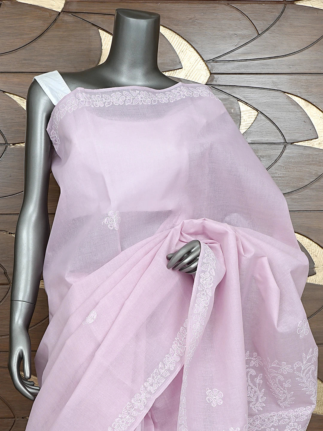 Ada Hand Embroidered Dusty Pink Cotton Lucknowi Chikankari Saree and Blouse 01A872864