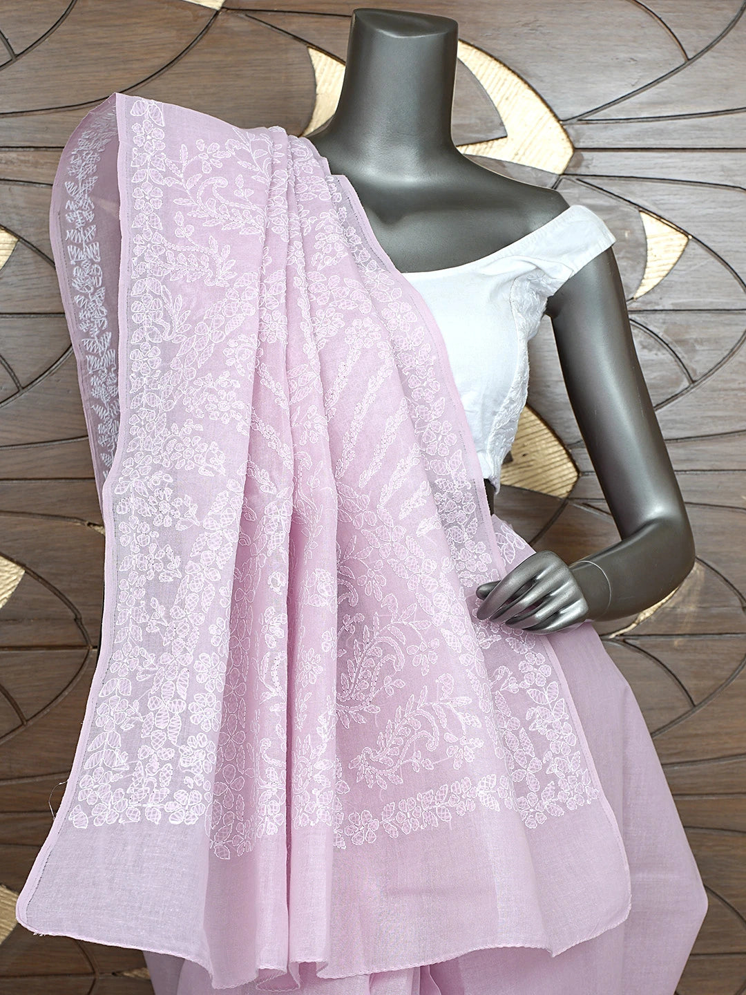 Ada Hand Embroidered Dusty Pink Cotton Lucknowi Chikankari Saree and Blouse 01A872864