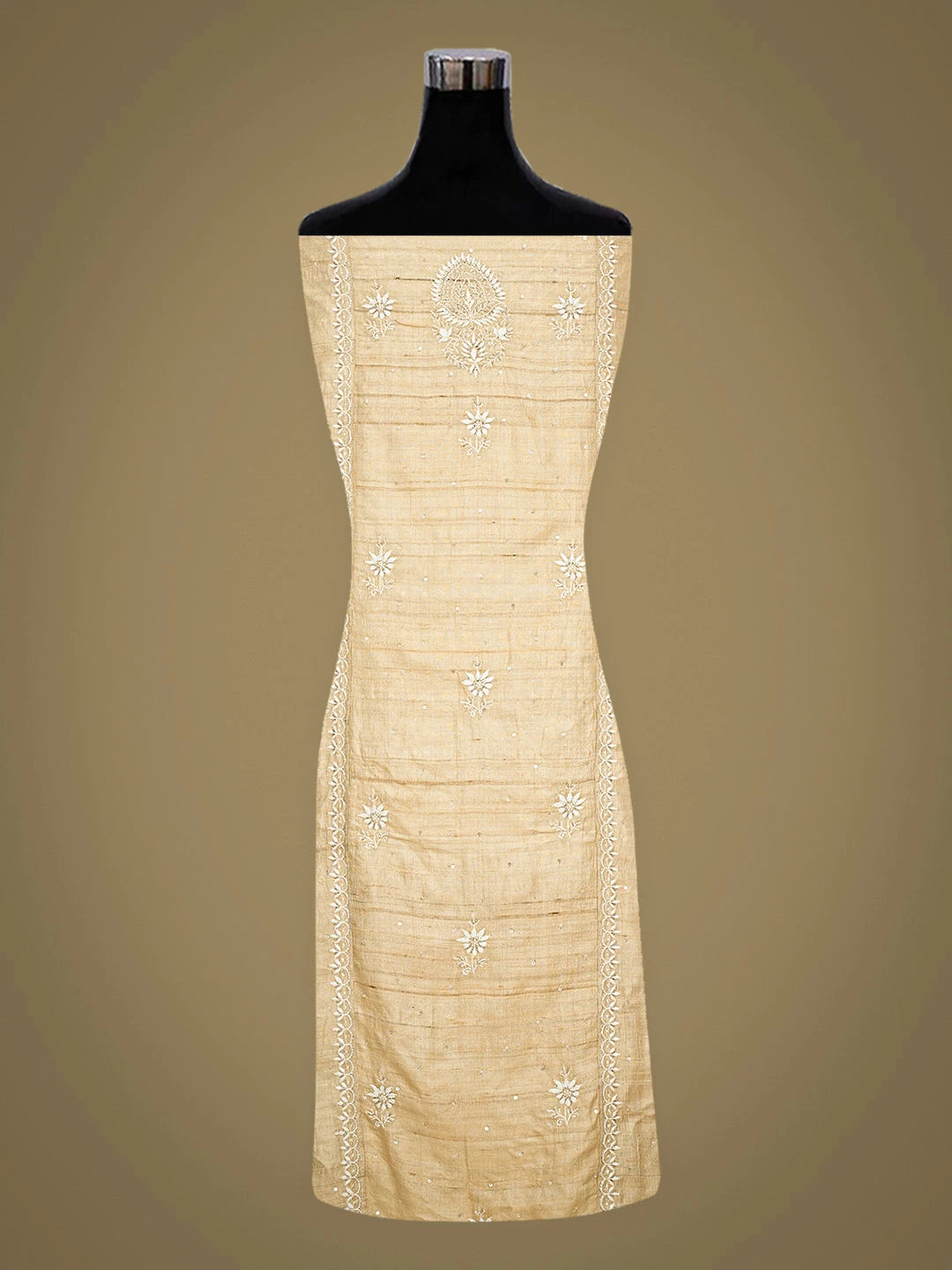 Ada Hand Embroidered Fawn Silk Lucknowi Chikankari Semi-stitched Kurta Dupatta Set With Cutdana Work 01A744269